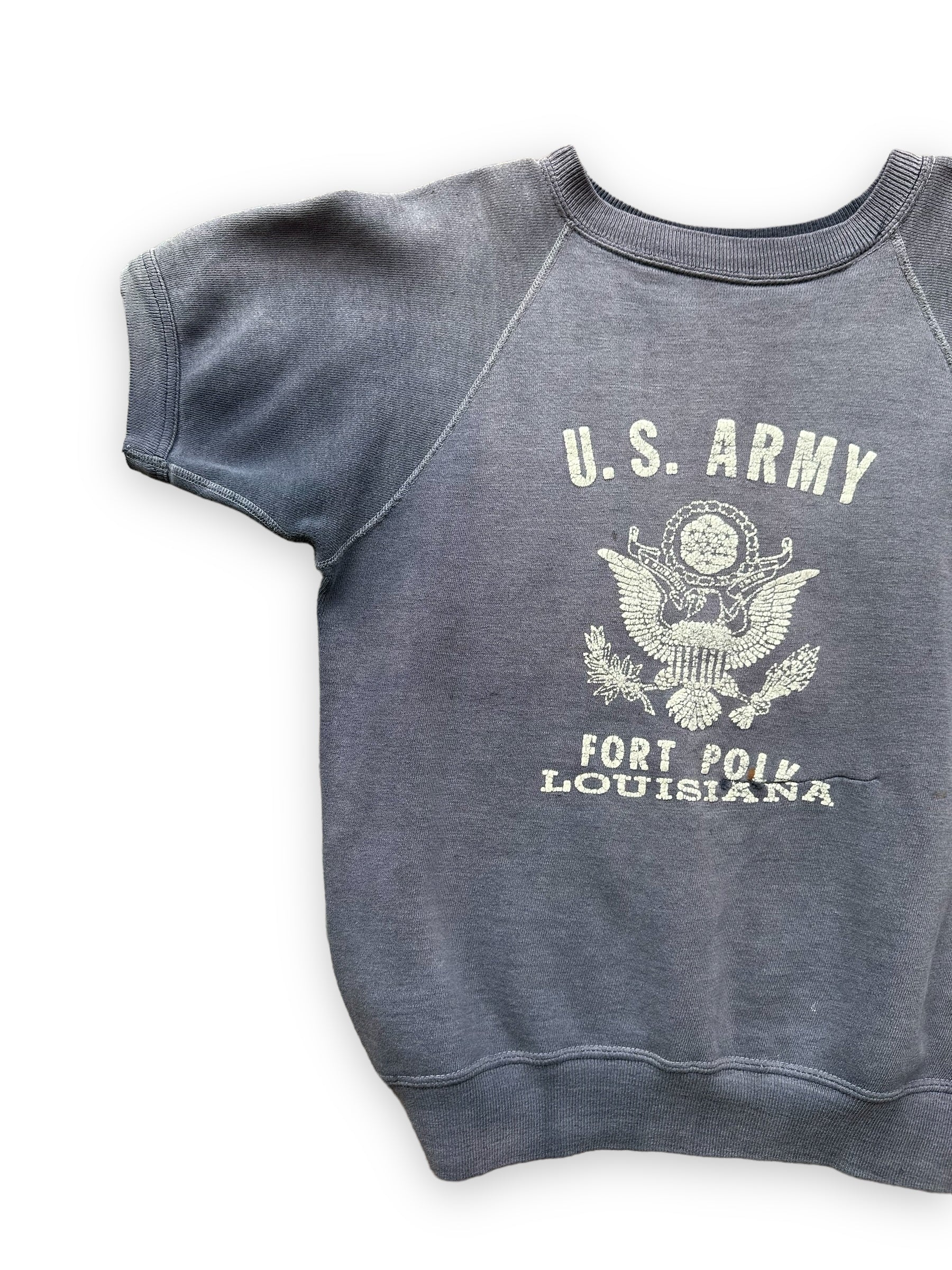Right Front View of Vintage US Army Fort Polk Short Sleeve Sweatshirt SZ M | Vintage Crewneck Sweatshirts | Barn Owl Vintage Seattle