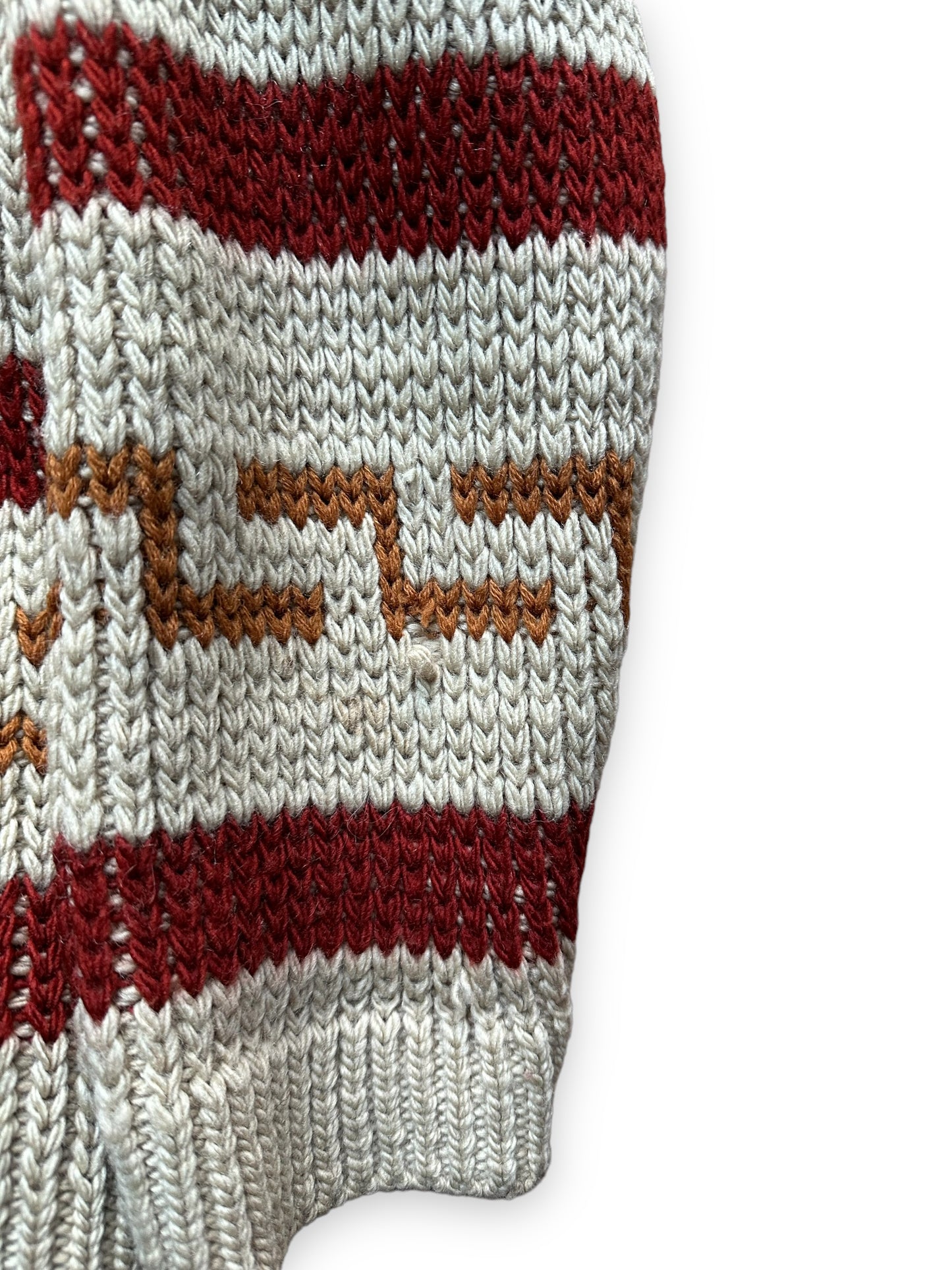 Close Up of Snag on Vintage Pendleton Westerley "The Dude" Sweater SZ L |  Vintage Big Lebowski Pendleton Sweaters Seattle | Barn Owl Vintage Seattle