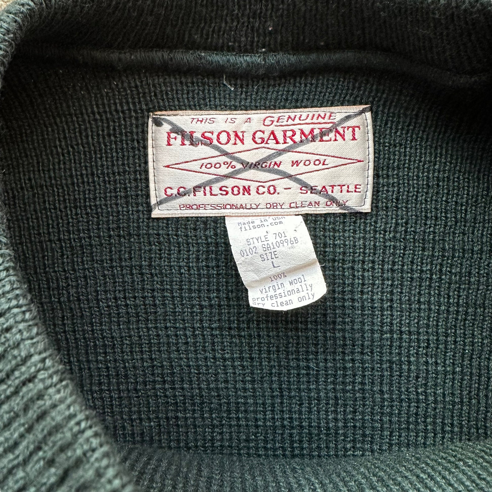 Tag View of Filson Guide Sweater SZ L |  Barn Owl Vintage Goods | Vintage Filson Workwear Sweaters Seattle