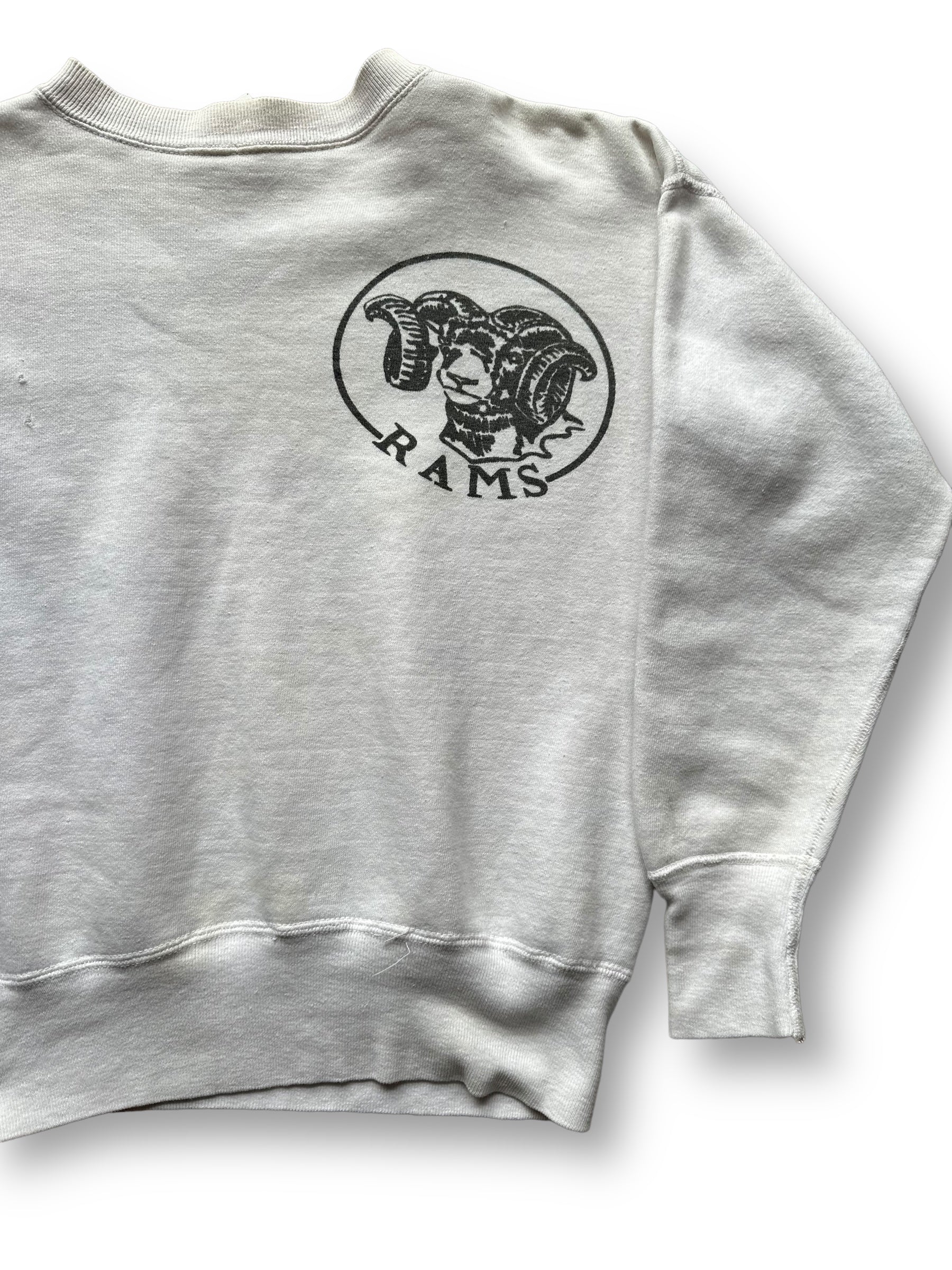 Left Front View of Vintage White Rams 1960's Era Crewneck Sweatshirt | Vintage Crewneck Seattle | Barn Owl Vintage Clothing