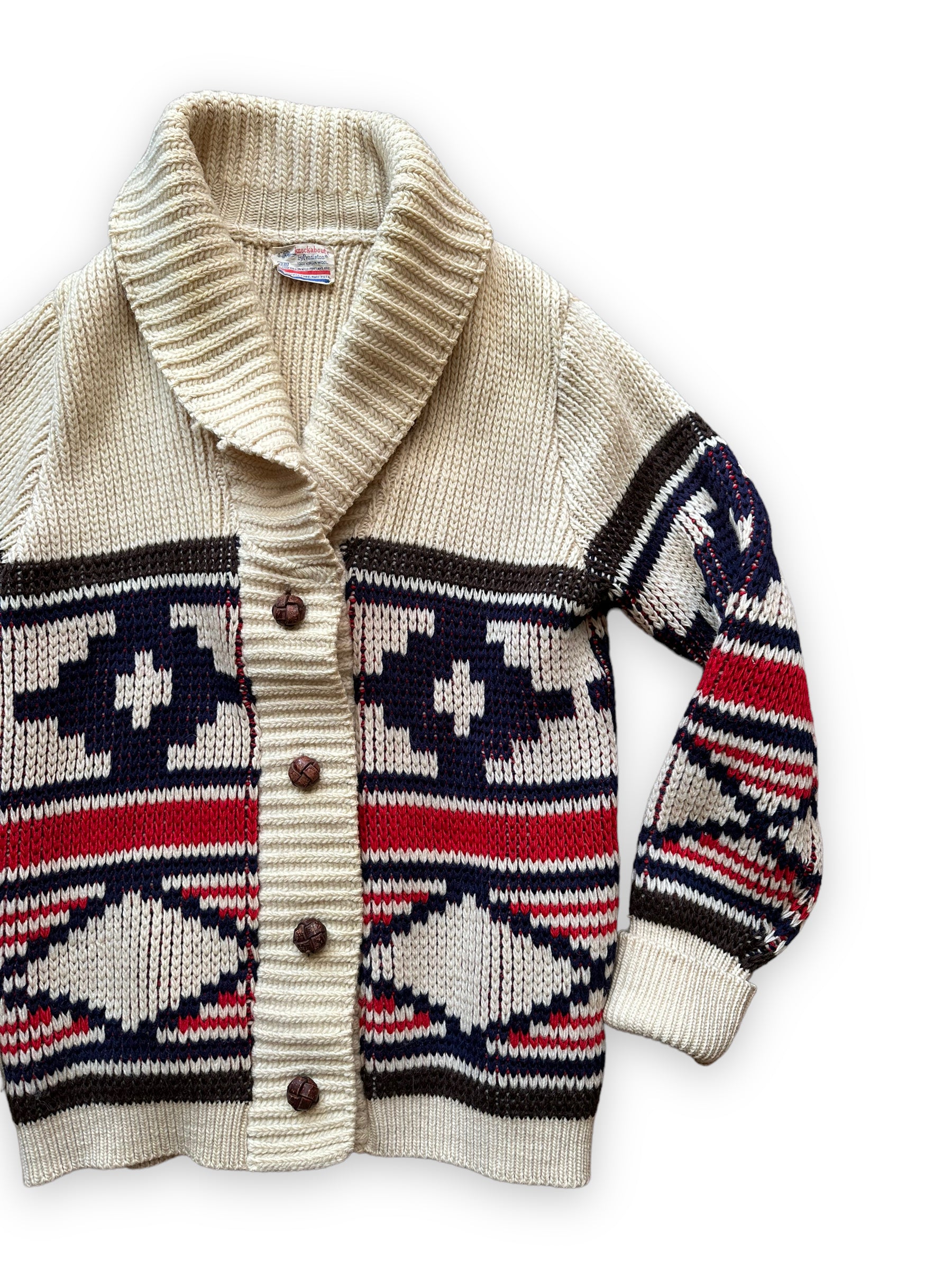 Front Left Flat Lay View of Vintage Pendleton Knockabouts Cardigan Sweater SZ 38 | Barn Owl Vintage | Seattle Vintage Sweaters