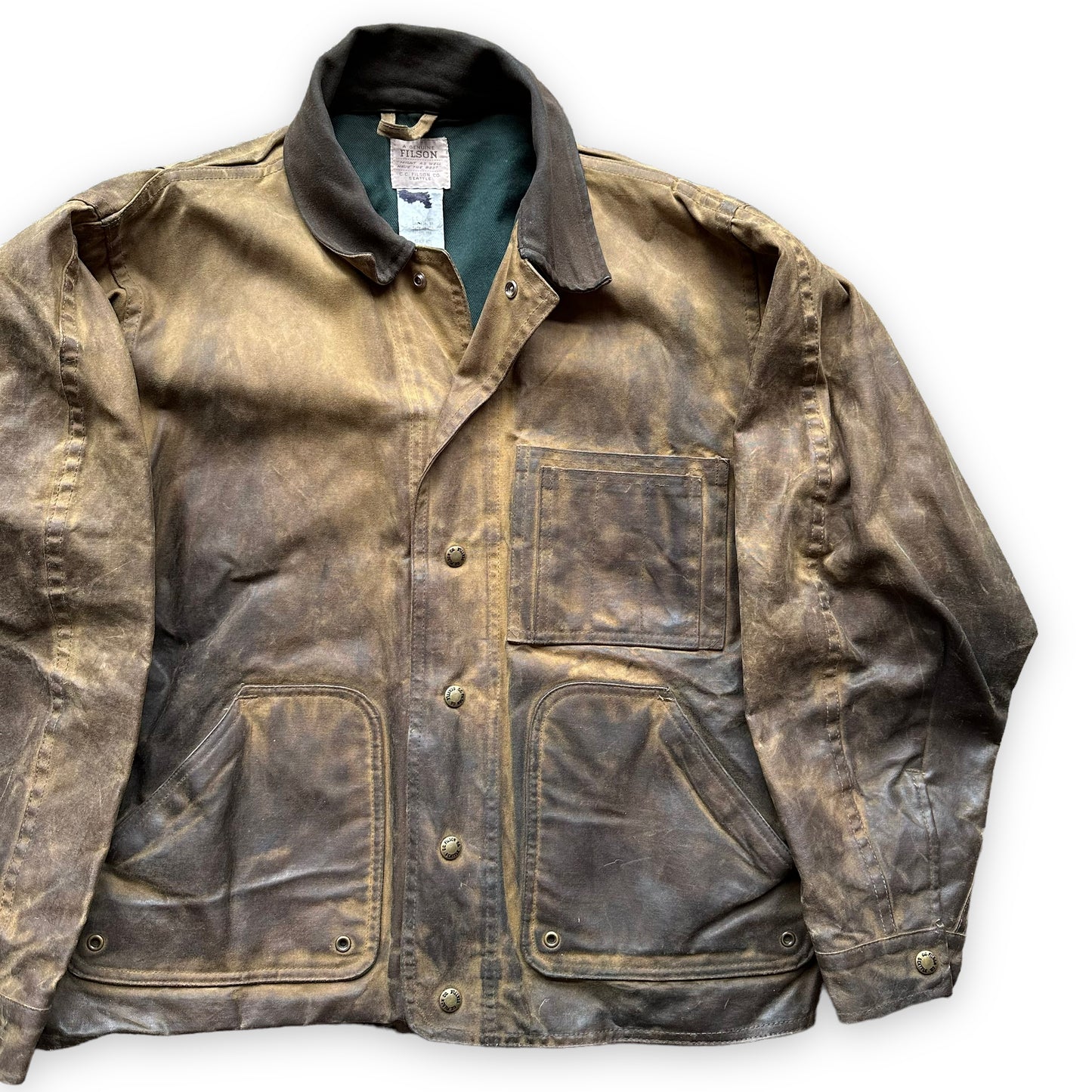Front Left View of Vintage Filson Style 621 Lined Tin Cloth Field Jacket Size M |  Barn Owl Vintage Goods | Vintage Filson Tin Cloth Jacket Seattle