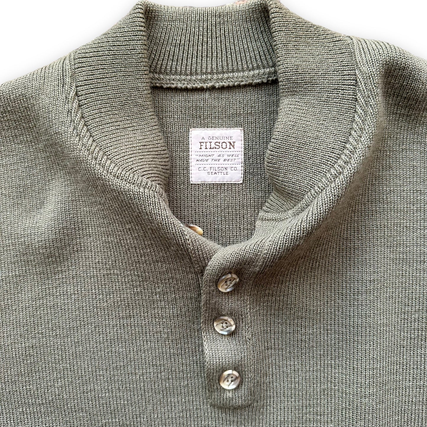 Tag View of Vintage Filson Sage Green Henley Sweater SZ XL |  Barn Owl Vintage Goods | Vintage Workwear Seattle