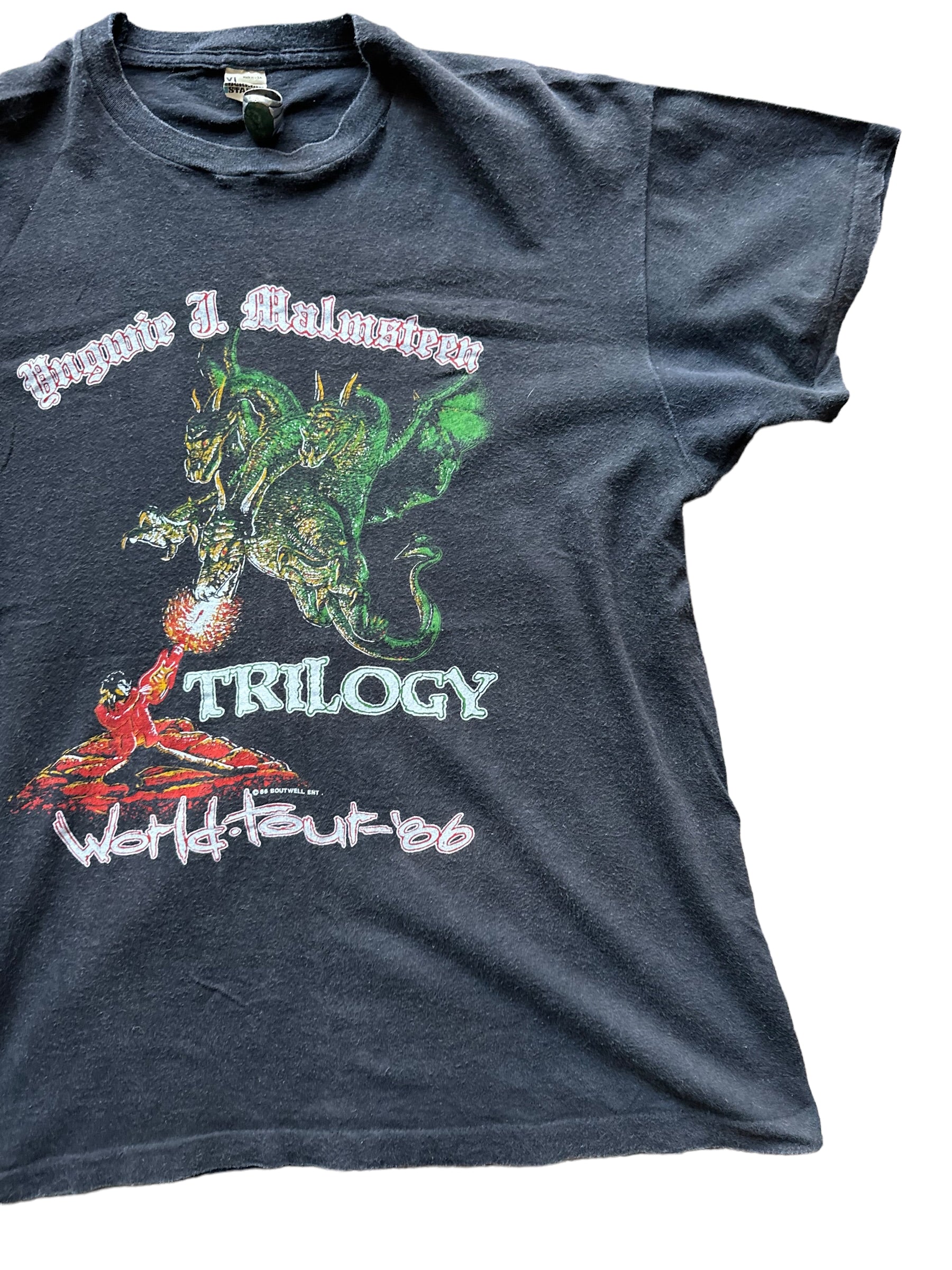 Left Front Side View of Vintage Yngwie Malmsteen Trilogy World Tour Shirt Size XLarge | Vintage Metal Rock Tee | Barn Owl Vintage Seattle