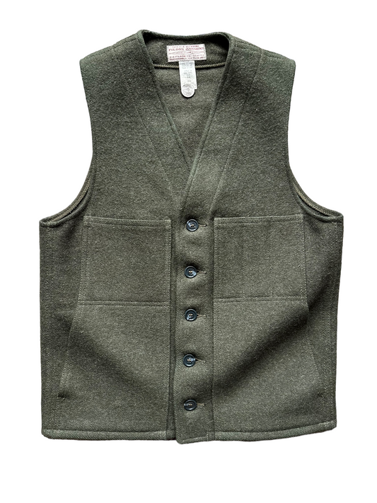 Front View of Vintage Filson Mackinaw Vest SZ 36 |  Forest Green Wool Vest | Seattle Vintage Workwear