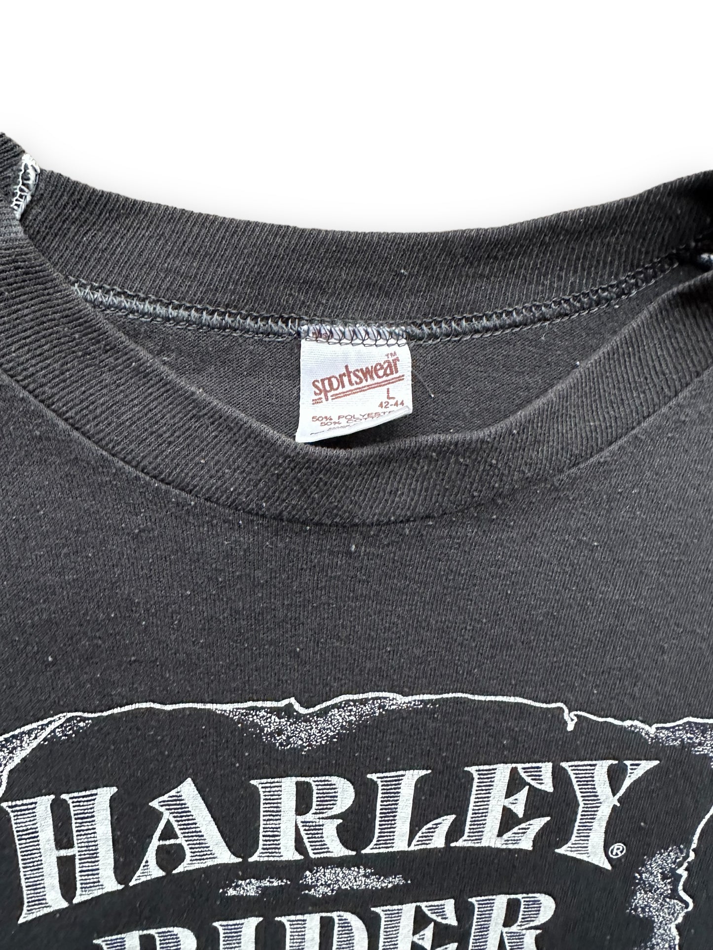 Tag View on Vintage 1980s Harley Davidson Rider Tee SZ L | Vintage Harley Tee Seattle | Barn Owl Vintage Seattle