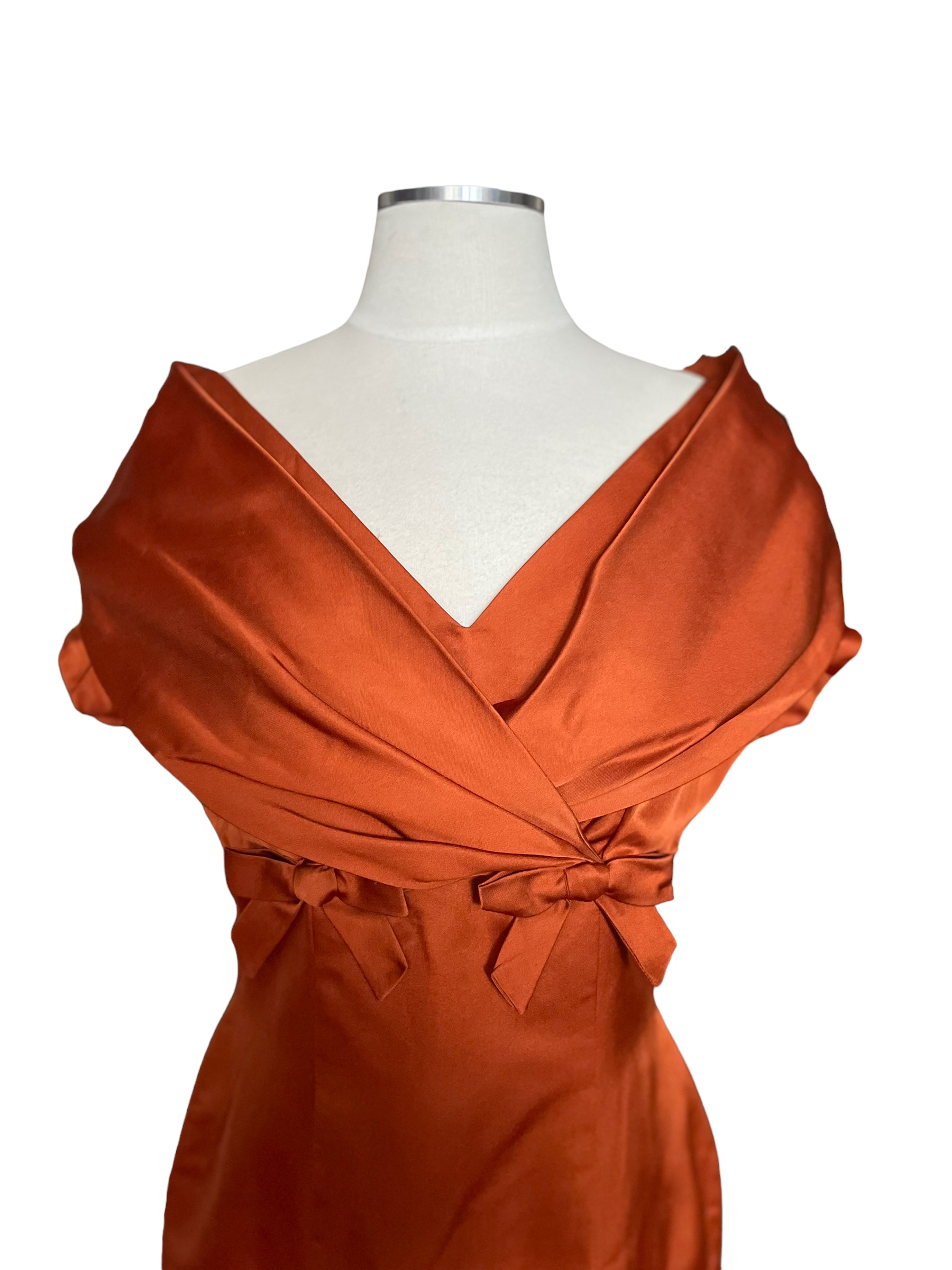 Front top view of Vintage 1950s Burnt Orange Silk Dress SZ M