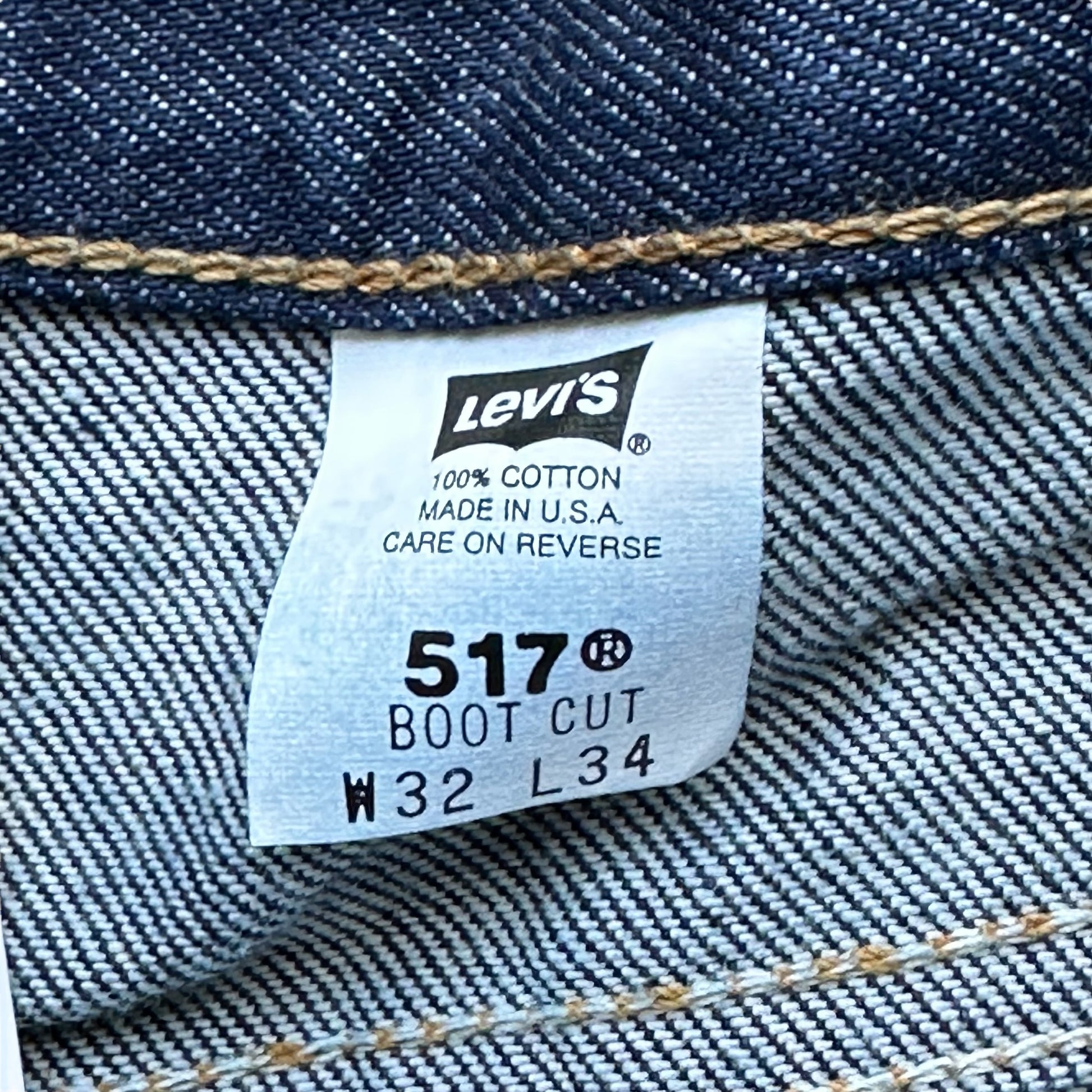 Interior Tag on Vintage NOS Made in the USA Boot Cut Levis 517 W32 L34 | Vintage Deadstock Denim Seattle | Barn Owl Vintage Workwear