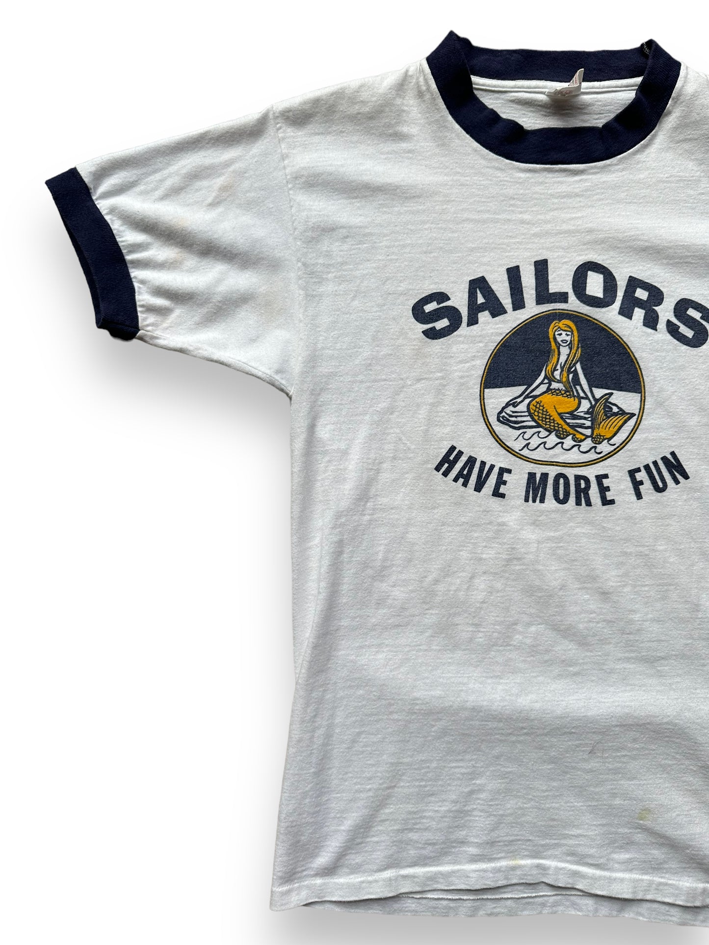 Front Right View of Vintage Sailors Have More Fun Ringer Tee SZ M | Vintage T-Shirts Seattle | Barn Owl Vintage Tees Seattle
