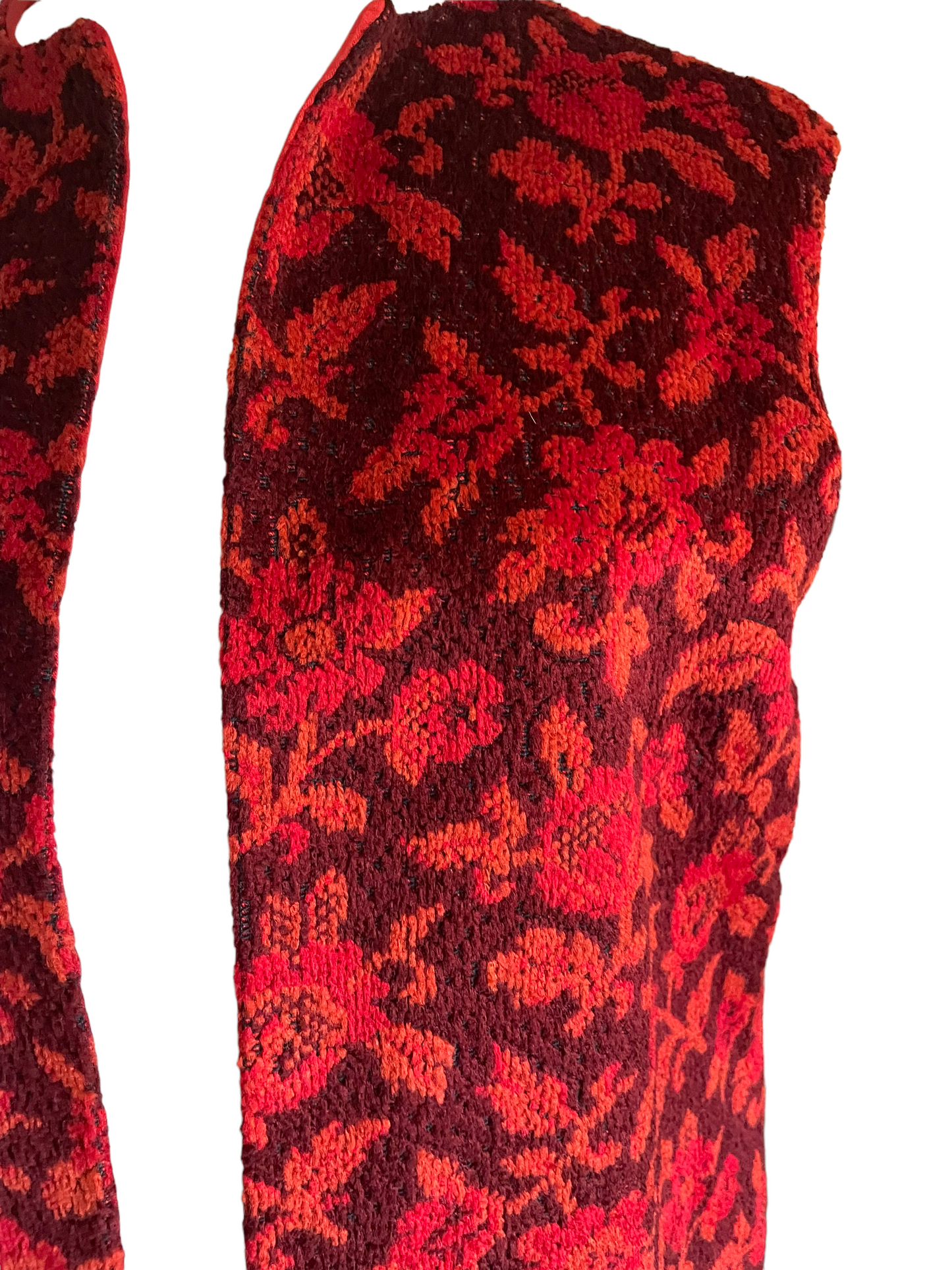 CLose up left shoulder Vintage 1960s Floral Tapestry Long Vest | Barn Owl Seattle | Seattle Vintage Tapestry Vest