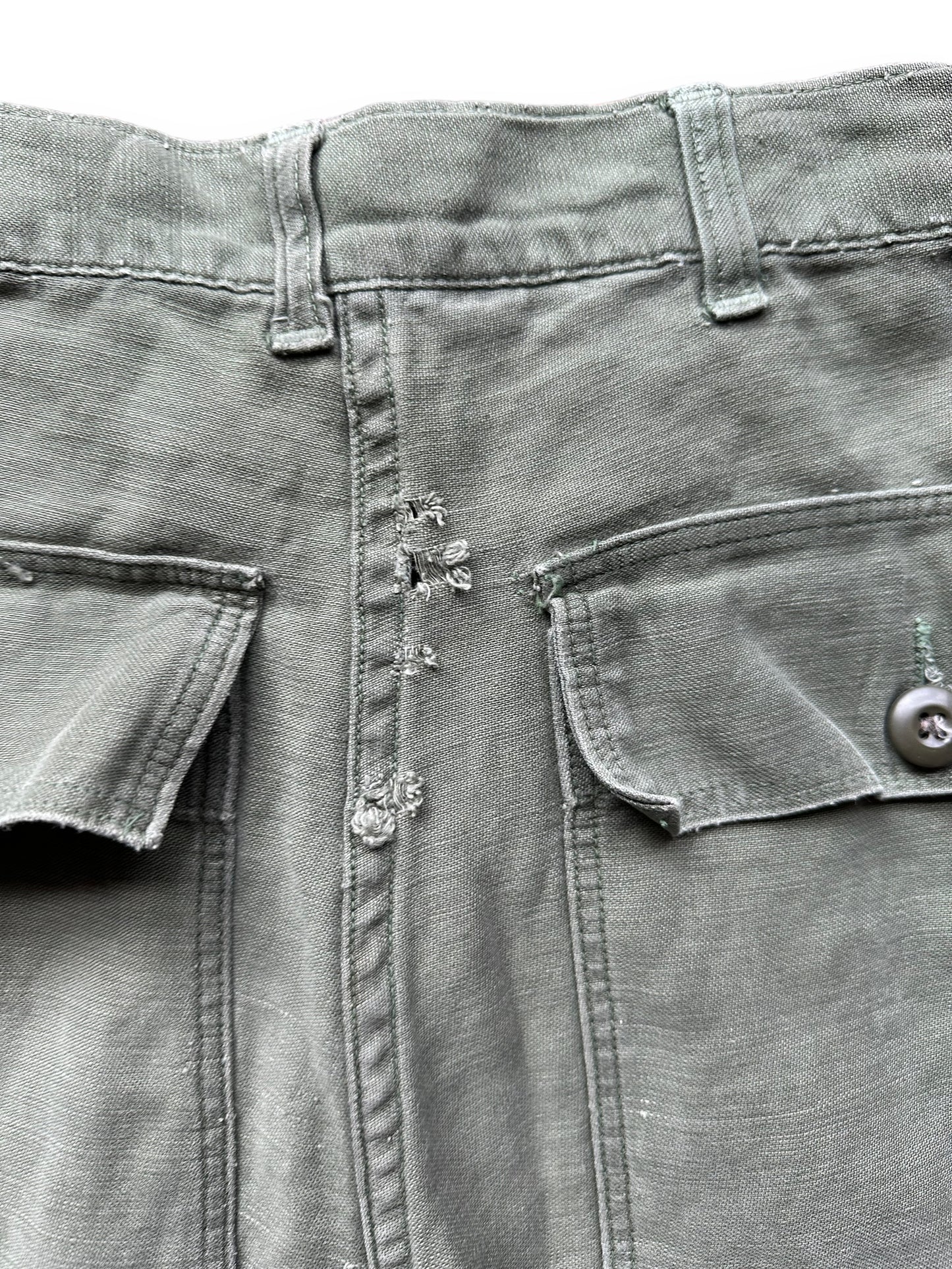 Rear Detail View of Small Holes on Rear of Vintage Sateen OG-107's W30 L32.5 | Vintage Viet Nam Era Baker Pants Seattle | Barn Owl Vintage Workwear