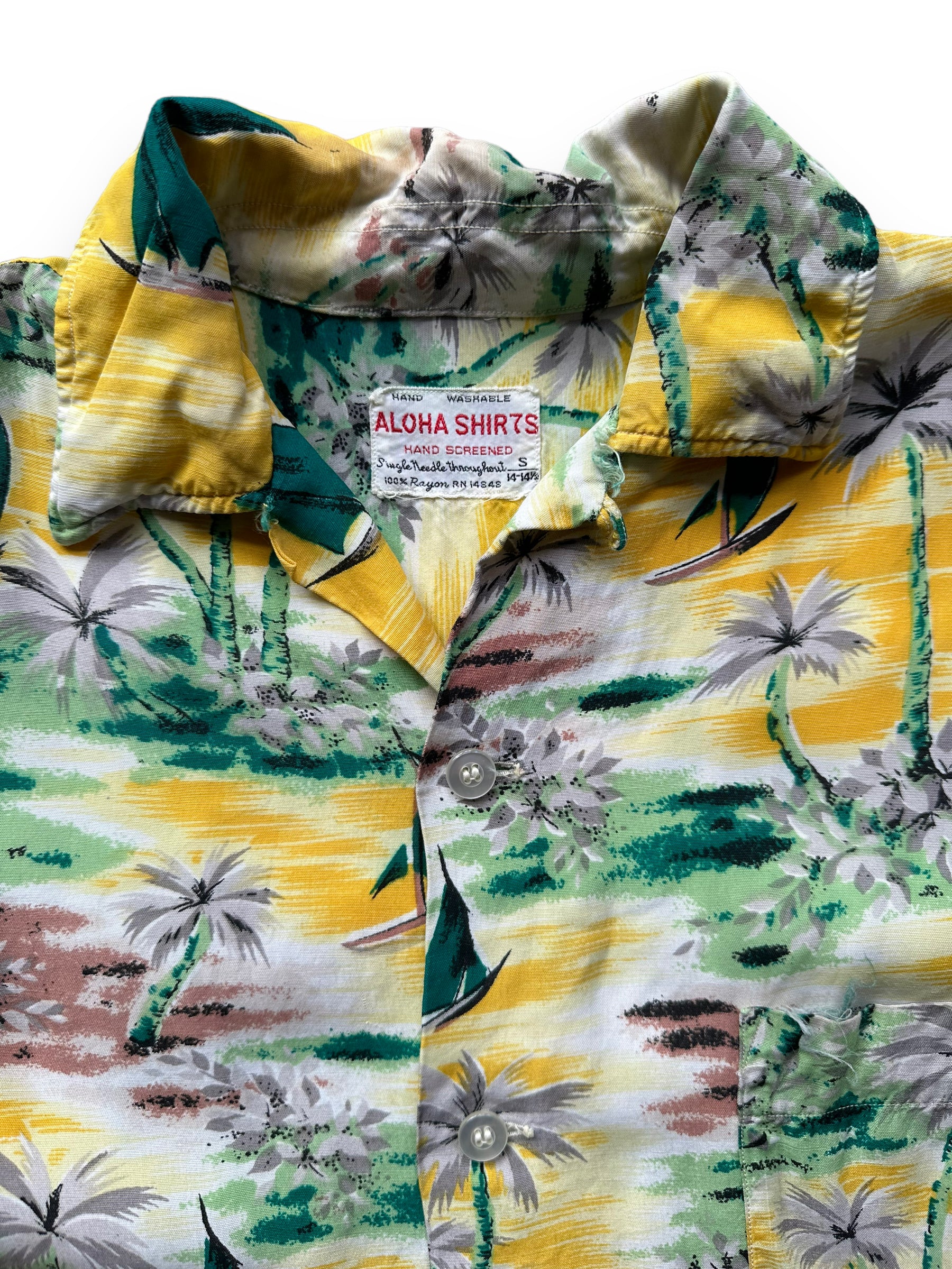 Tag View of Vintage Yellow Aloha Rayon Shirt SZ S | Seattle Vintage Rayon Hawaiian Shirt | Barn Owl Vintage Clothing Seattle