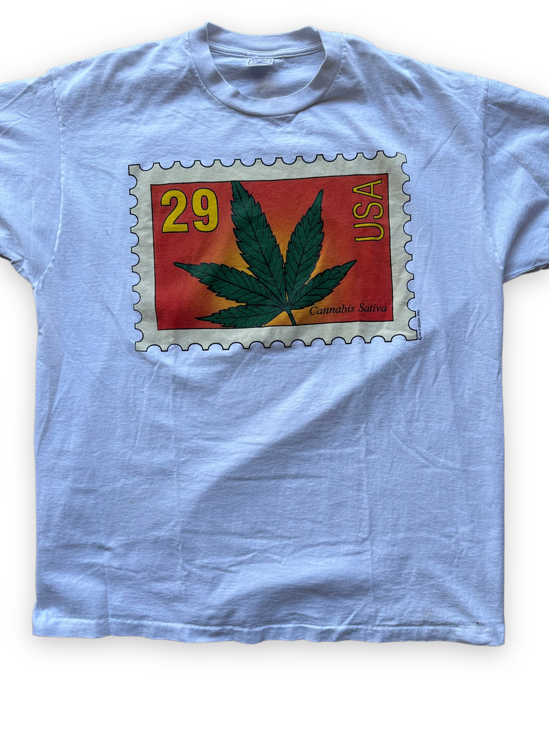 Front Detail on Vintage 1993 Sativa Cannabis Postal Stamp Tee SZ XL | Seattle Vintage Cannabis Tee | Barn Owl Vintage