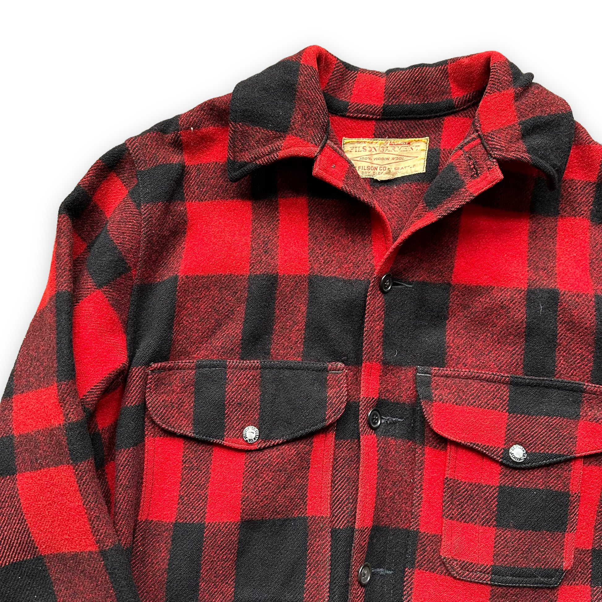 Upper Right View of Vintage Early 1970s Filson Union Made Red and Black Mackinaw Cruiser SZ 44 |  Vintage Filson Cruiser | Vintage Workwear Seattle