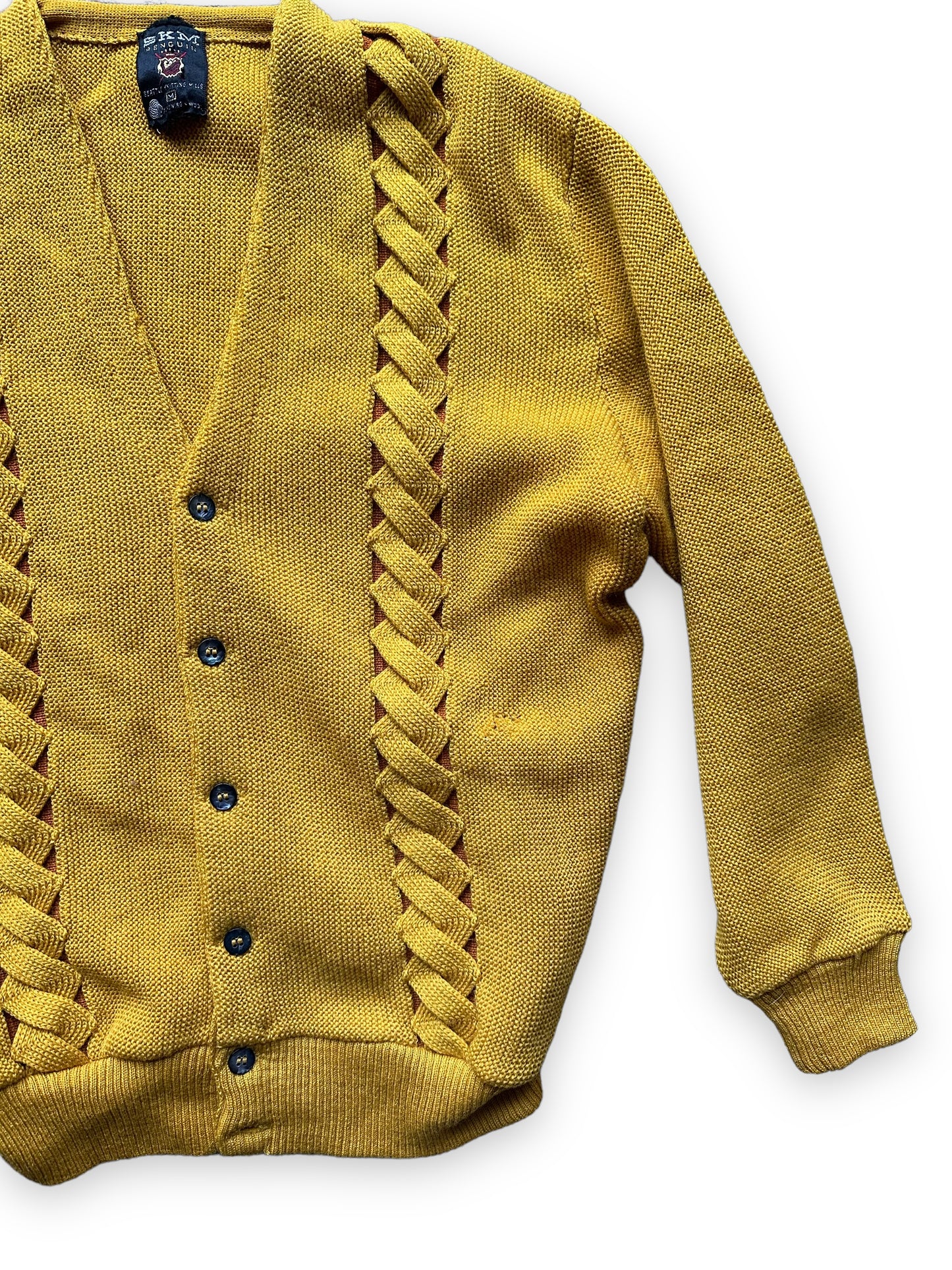 Left Front Flat Detail on Vintage Seattle Knitting Mills Golden Double Helix Wool Sweater SZ M |  Vintage Cardigan Sweaters Seattle | Barn Owl Vintage Seattle