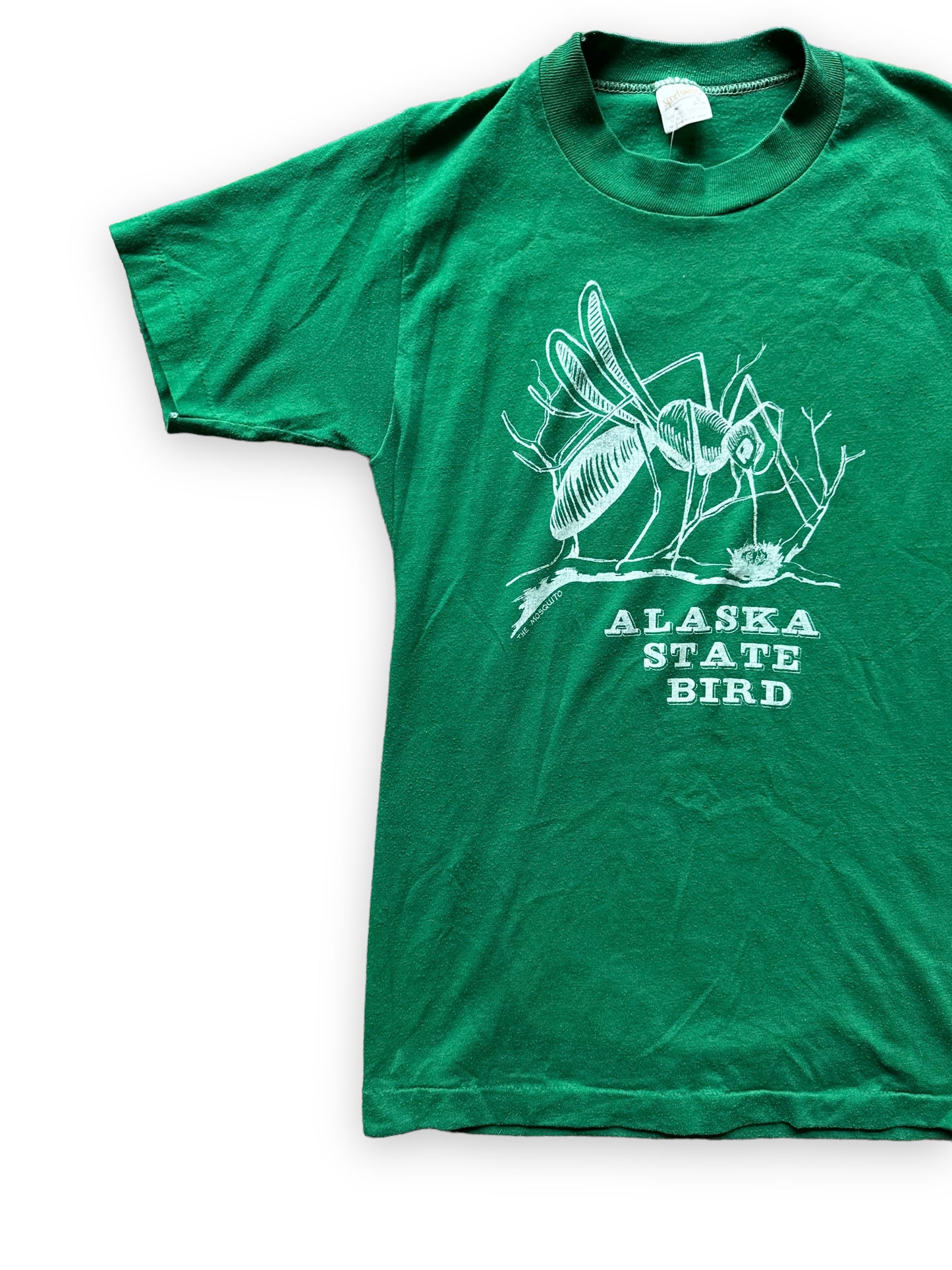 Front Right Side VIew of Vintage Alaska State Bird Mosquito Tee SZ SM |  Vintage T Shirt Seattle | Barn Owl Vintage Seattle