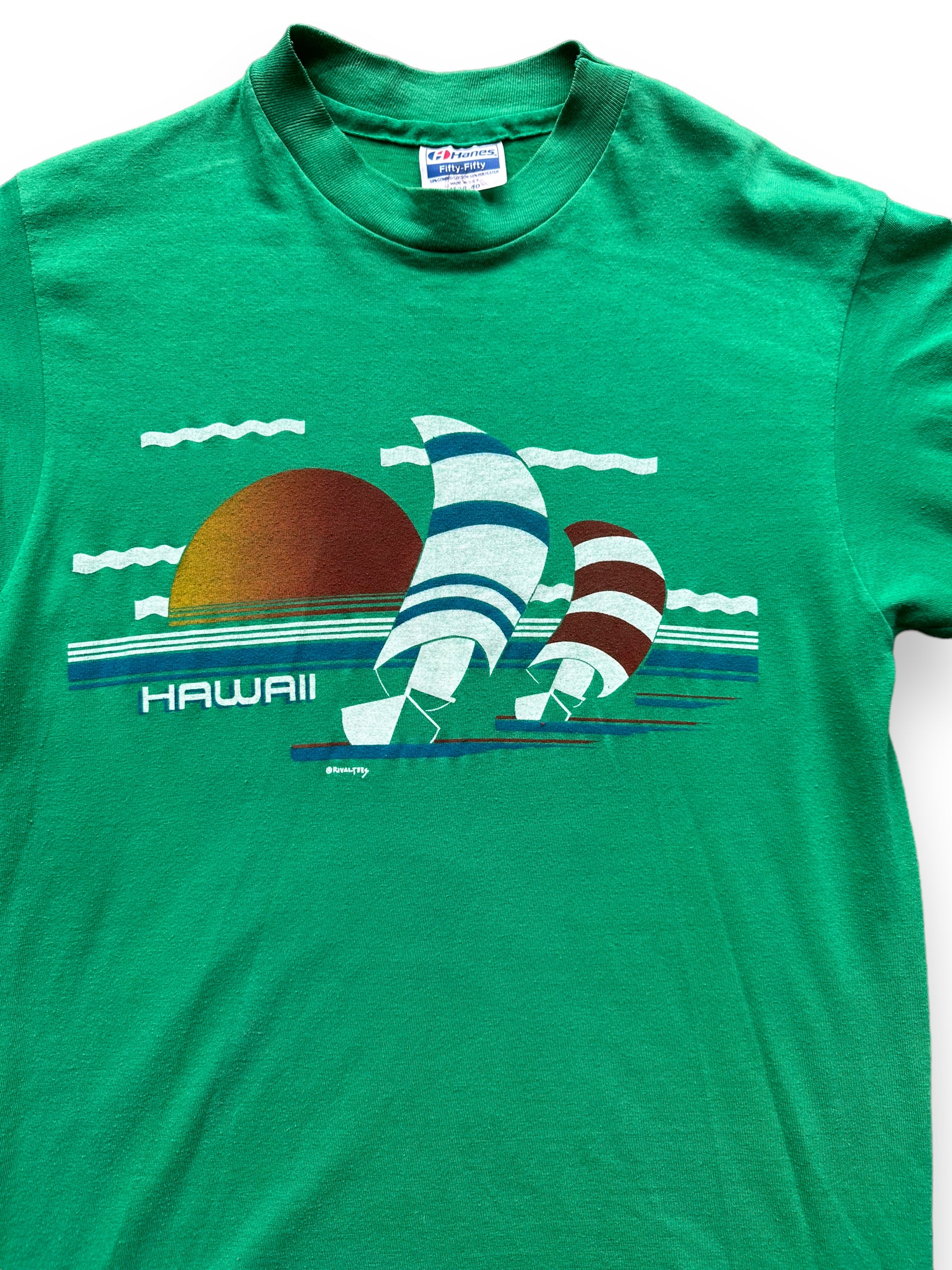 Front Upper View of Vintage Green Hawaii Graphic Tee SZ M | Vintage T-Shirts Seattle | Barn Owl Vintage Tees Seattle