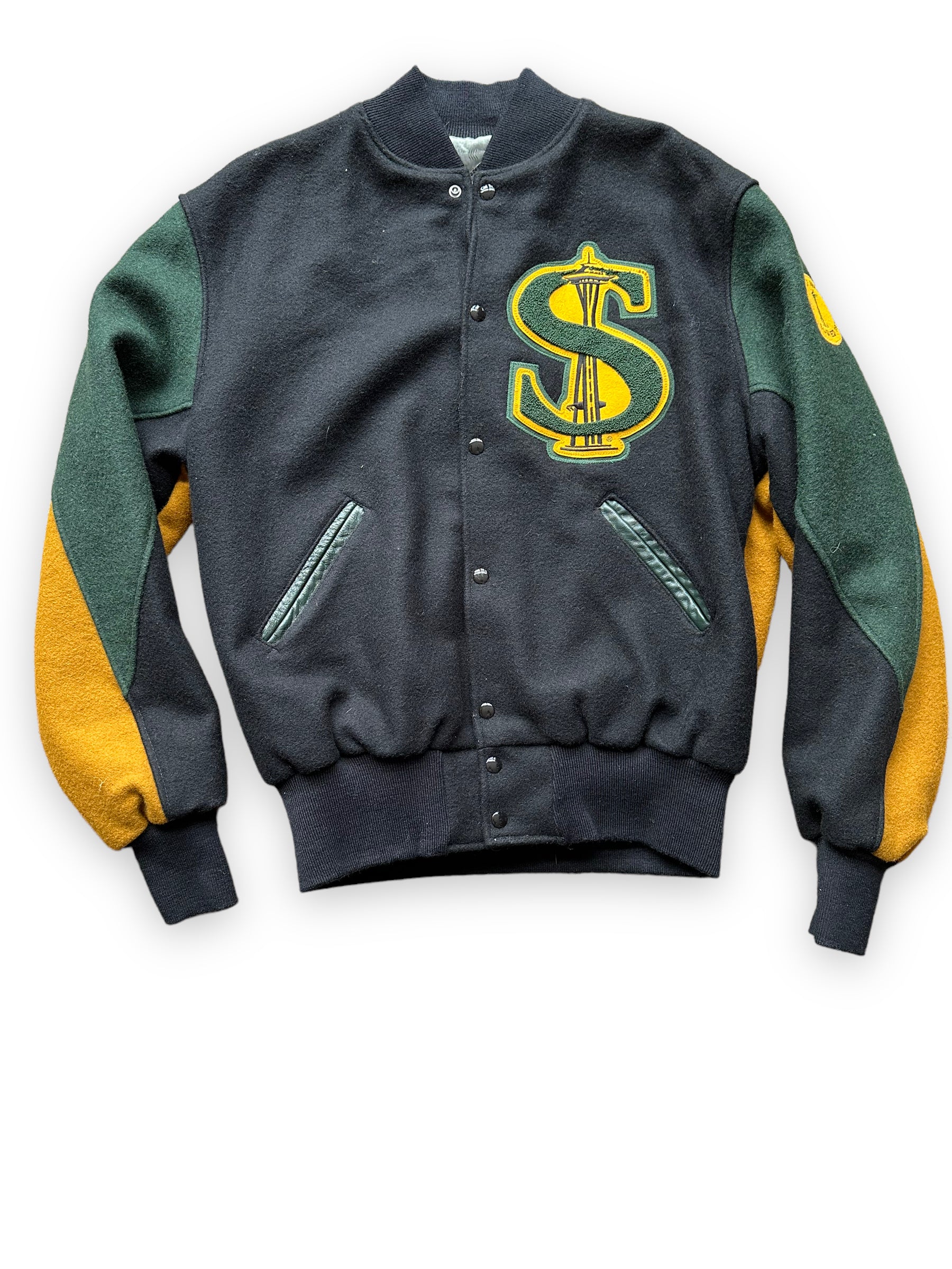 Alternate Front View of Seattle Supersonics Green Black and Yellow Prototype Jacket SZ L | Vintage Seattle Supersonics  | Seattle Vintage Basketball