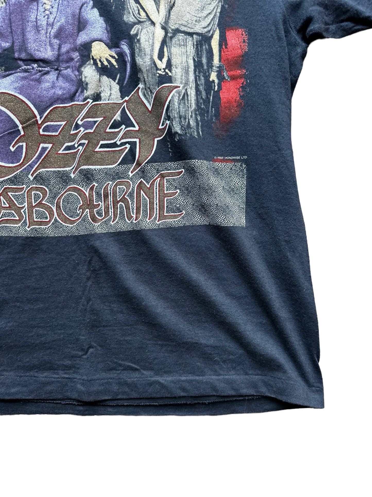 Left Lower Hem View on Vintage Ozzy Osbourne No Rest For The Wicked Tour Shirt | Vintage Metal Tee Shirt | Barn Owl Vintage Seattle