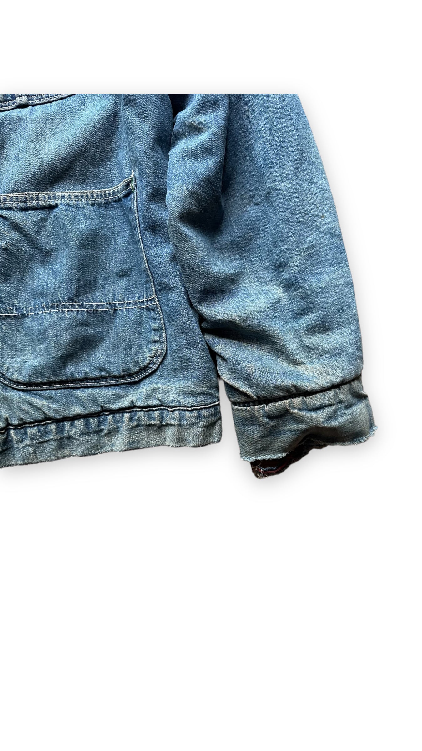 Lower Left Pocket View on Vintage K-Alls Brand Blanket Lined Denim Chore Jacket SZ XL | Seattle Vintage Workwear | Barn Owl Vintage