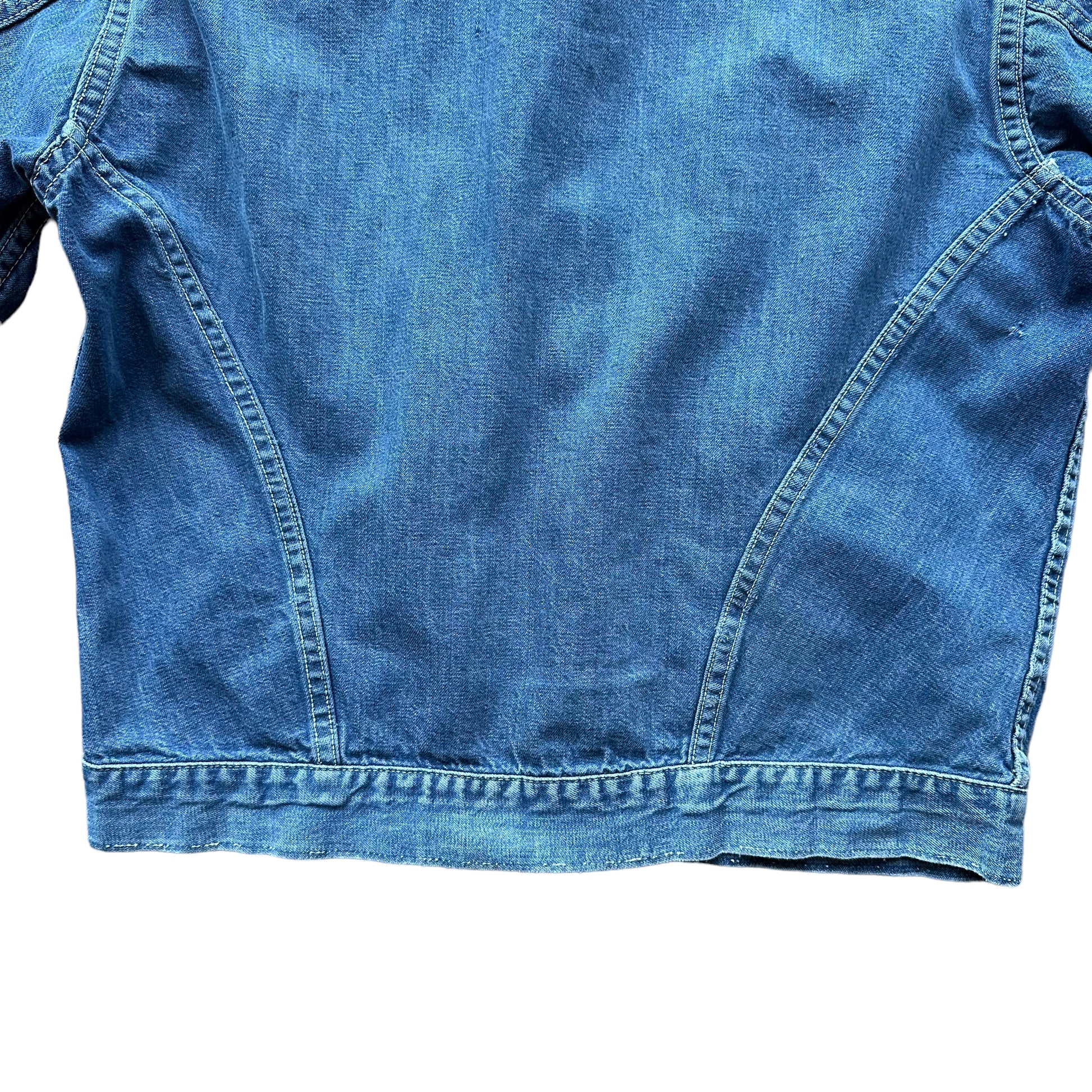 Lower Rear View of Vintage Pleated Type II Style Denim Jacket SZ M  | Vintage Denim Workwear Seattle | Seattle Vintage Denim