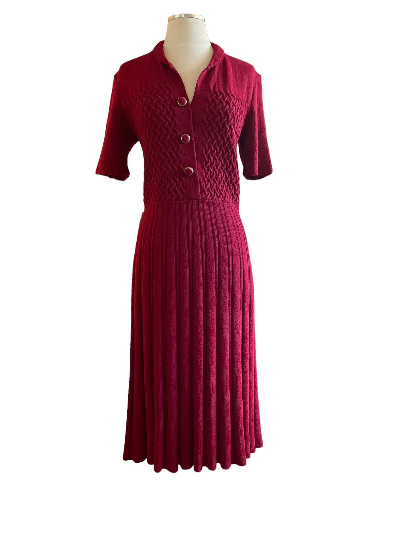 Front View of Vintage 1940s Hand-Knit Red Dress SZ S |  Barn Owl Vintage | Seattle Vintage Dresses