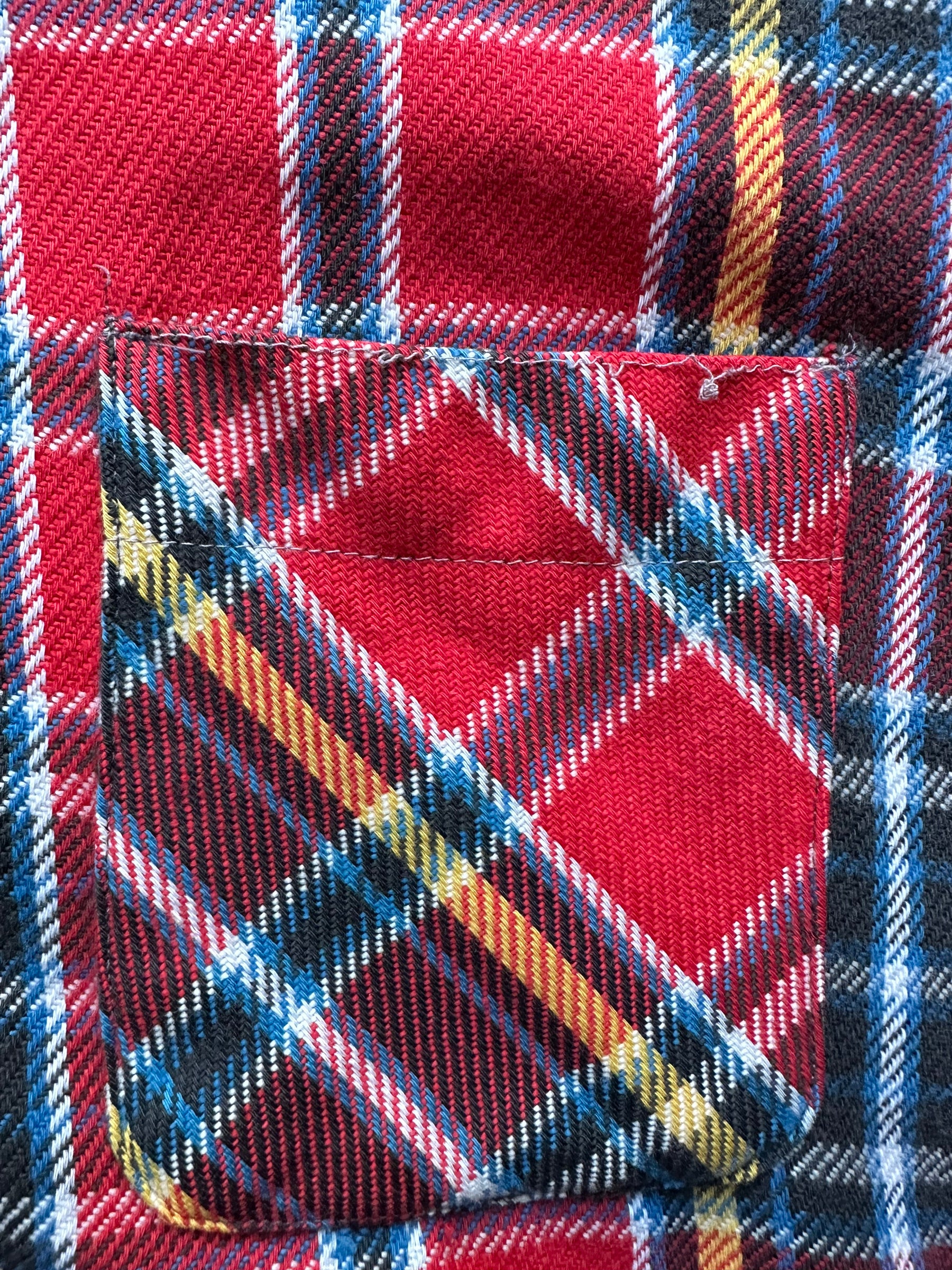 Chest Pocket on Vintage Red Blue & Yellow Big Mac Cotton Flannel SZ XL Tall | Barn Owl Vintage Seattle | Vintage Cotton Flannel Seattle