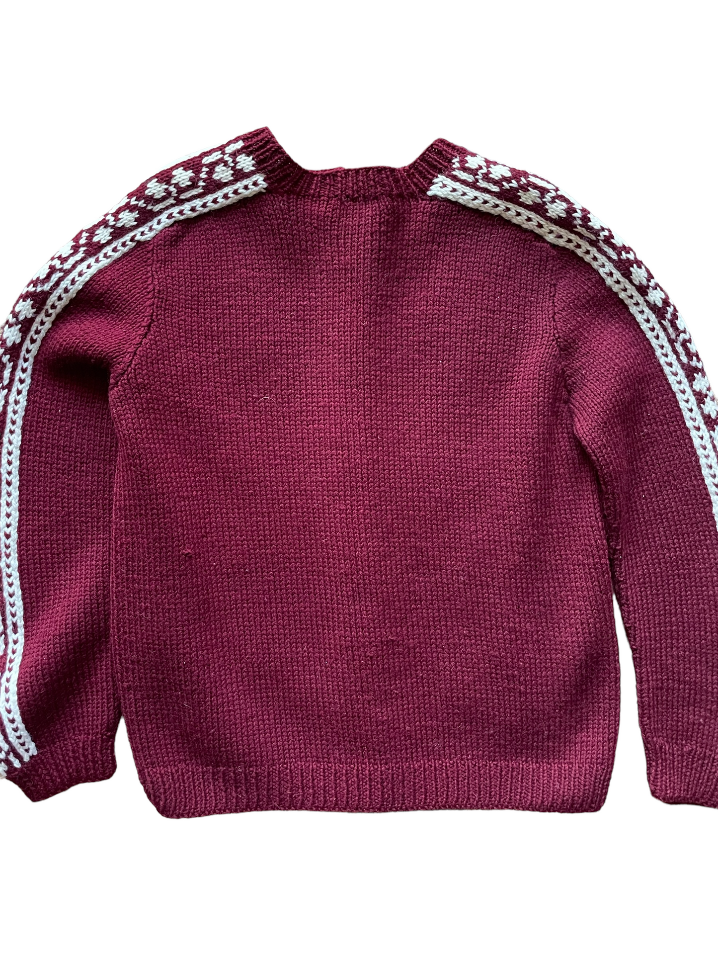 1960s handknit burgundy snowflake cardigan sweater back view  barn owl vintage seattle true vintage