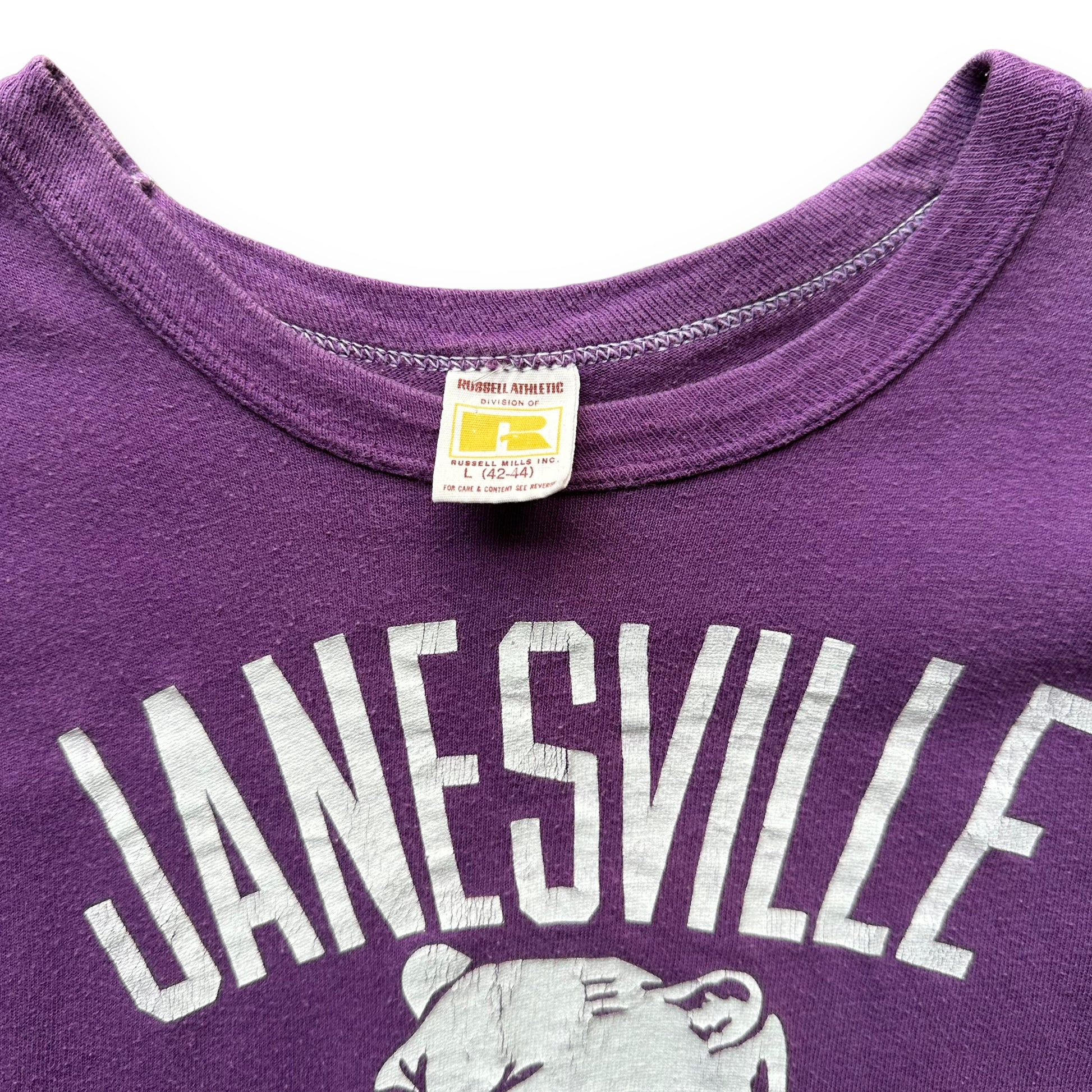 Tag View on Vintage Russell Athletic Janesville Tigers Tee SZ L | Vintage T-Shirts Seattle | Barn Owl Vintage Tees Seattle