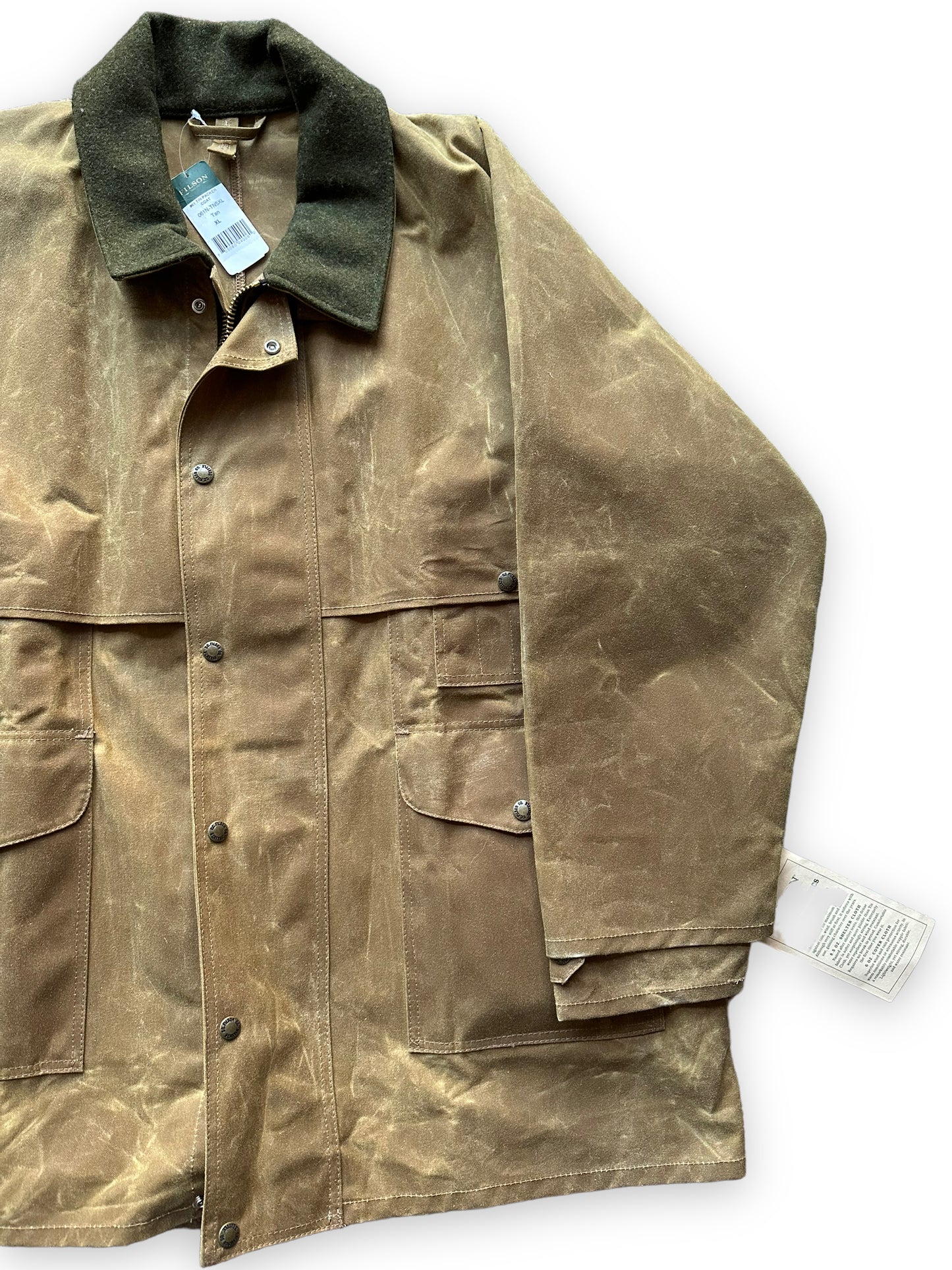 Front Left View of NWT Filson Tin Packer Coat SZ XL |  Barn Owl Vintage Goods Filson | Vintage Filson Tin Cloth Workwear Seattle