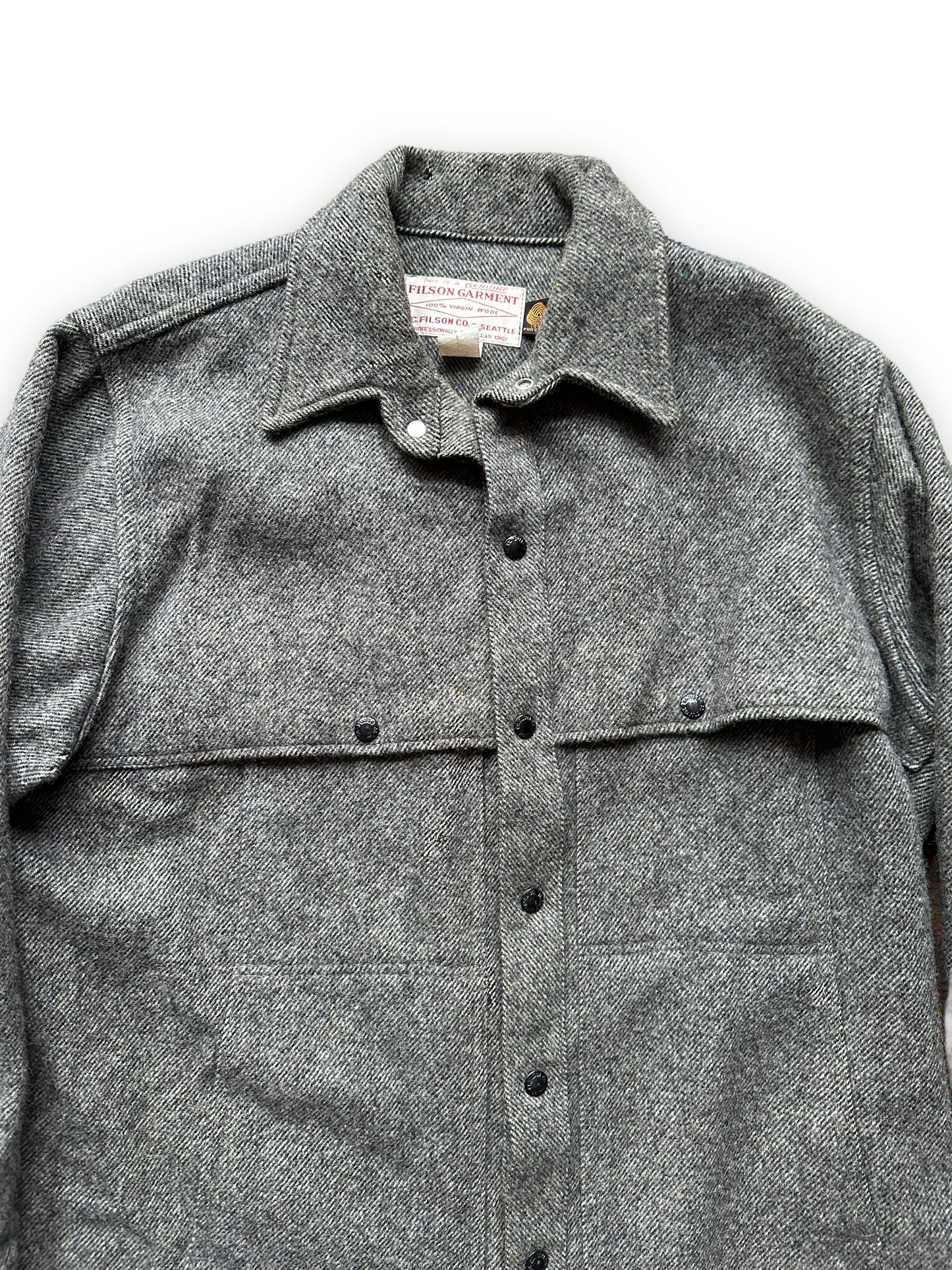 Upper Front Detail on Vintage Filson Grey Herringbone Cape Coat SZ Large  |  Barn Owl Vintage Goods | Vintage Wool Workwear Seattle