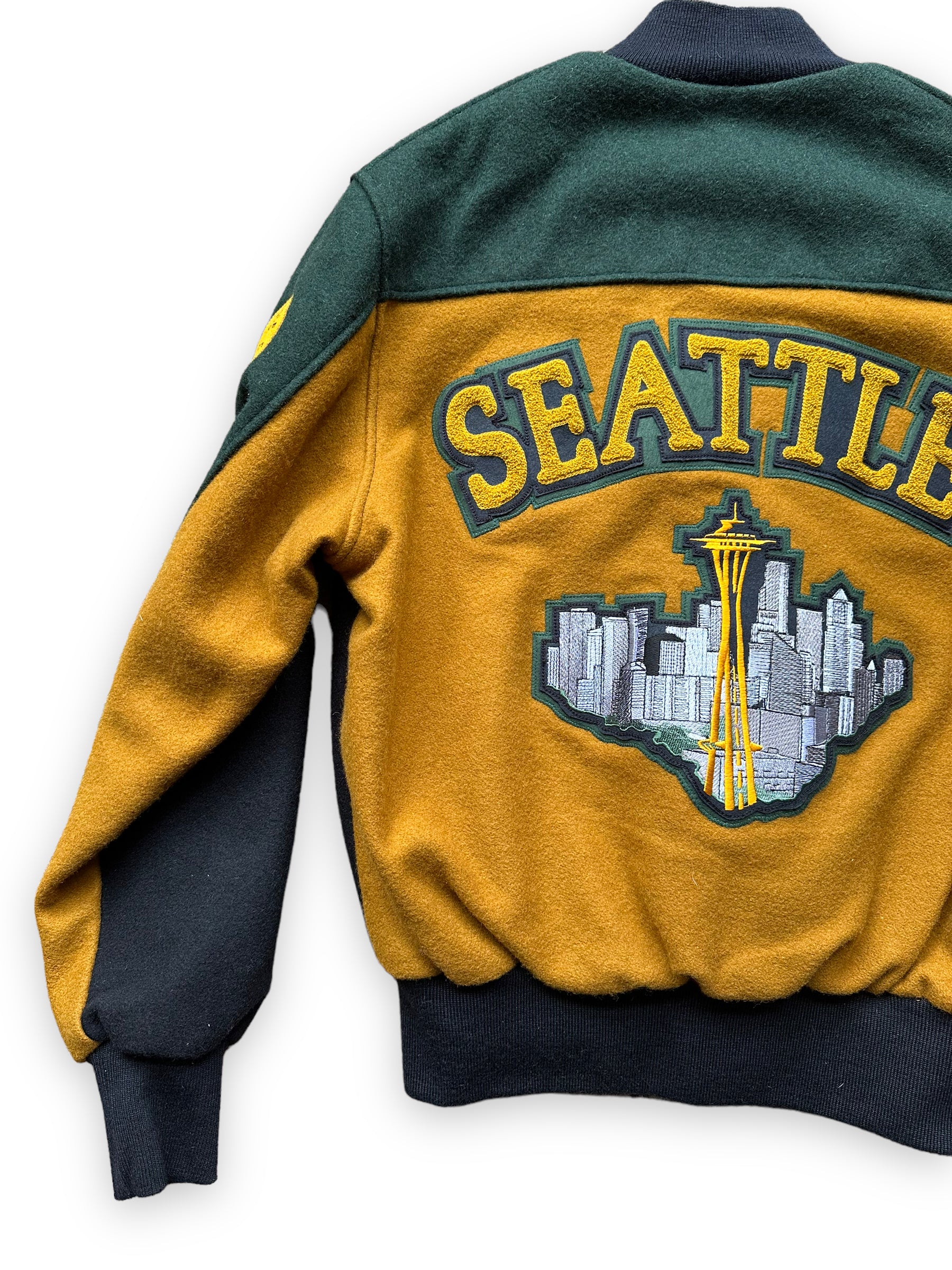Left Rear View of Seattle Supersonics Green Black and Yellow Prototype Jacket SZ L | Vintage Seattle Supersonics  | Seattle Vintage Basketball