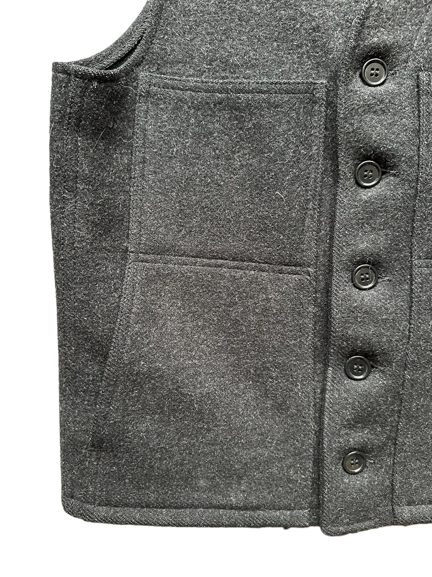 Lower Front Right Pocket View of Vintage Filson Mackinaw Vest SZ 36 |  Charcoal Grey Wool Vest | Vintage Seattle Workwear