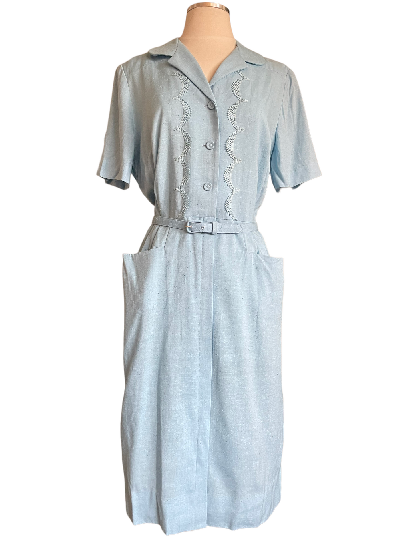  Vintage 1950s Deadstock Lordleigh Light Blue Silk and Rayon Dress SZ M|  Barn Owl Vintage | Seattle Vintage Dresses front view.