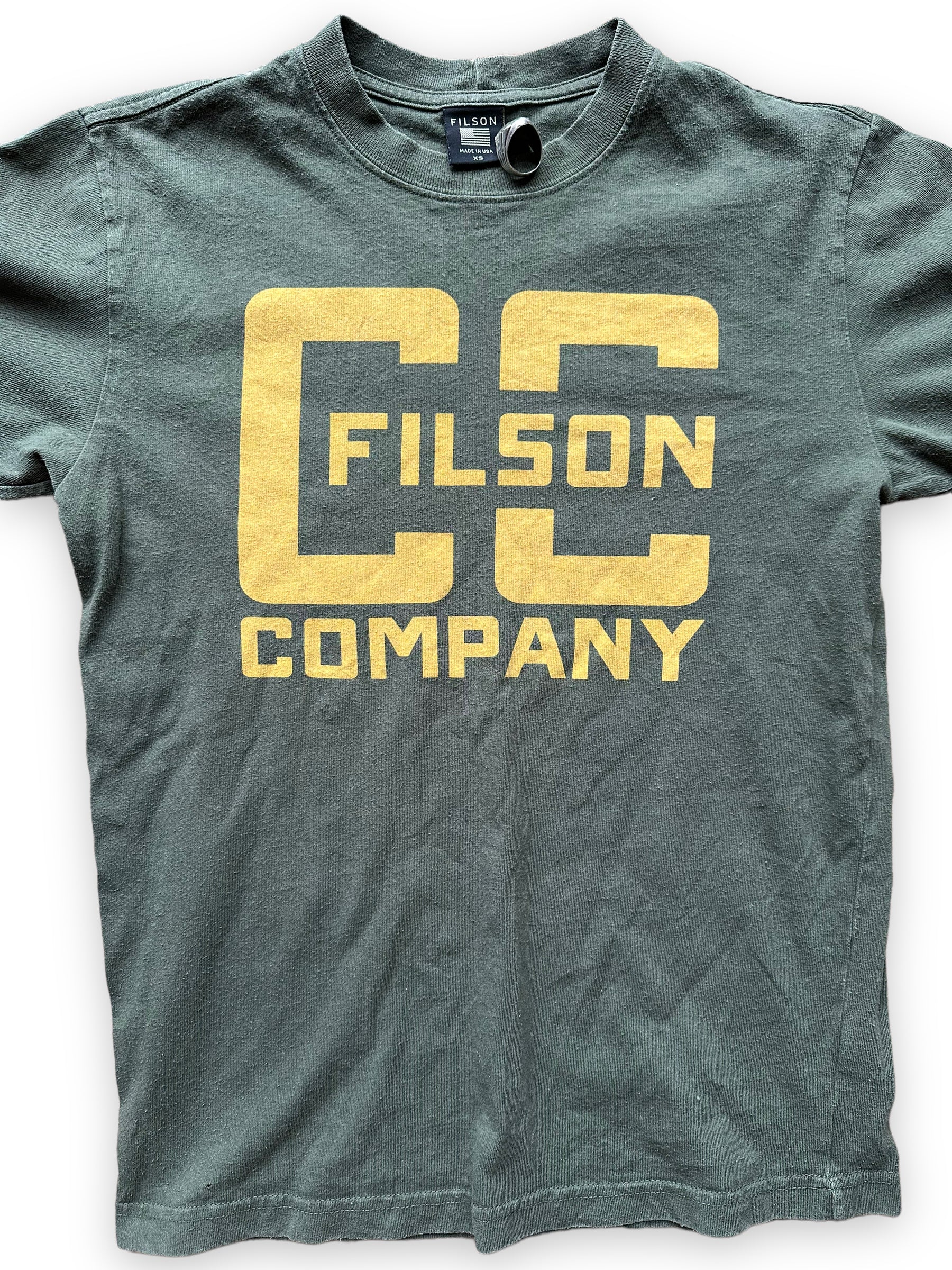 Front Detail on Olive Green Filson Cotton Tee SZ XS  |  Barn Owl Vintage Goods | Filson Graphic Tees Seattle