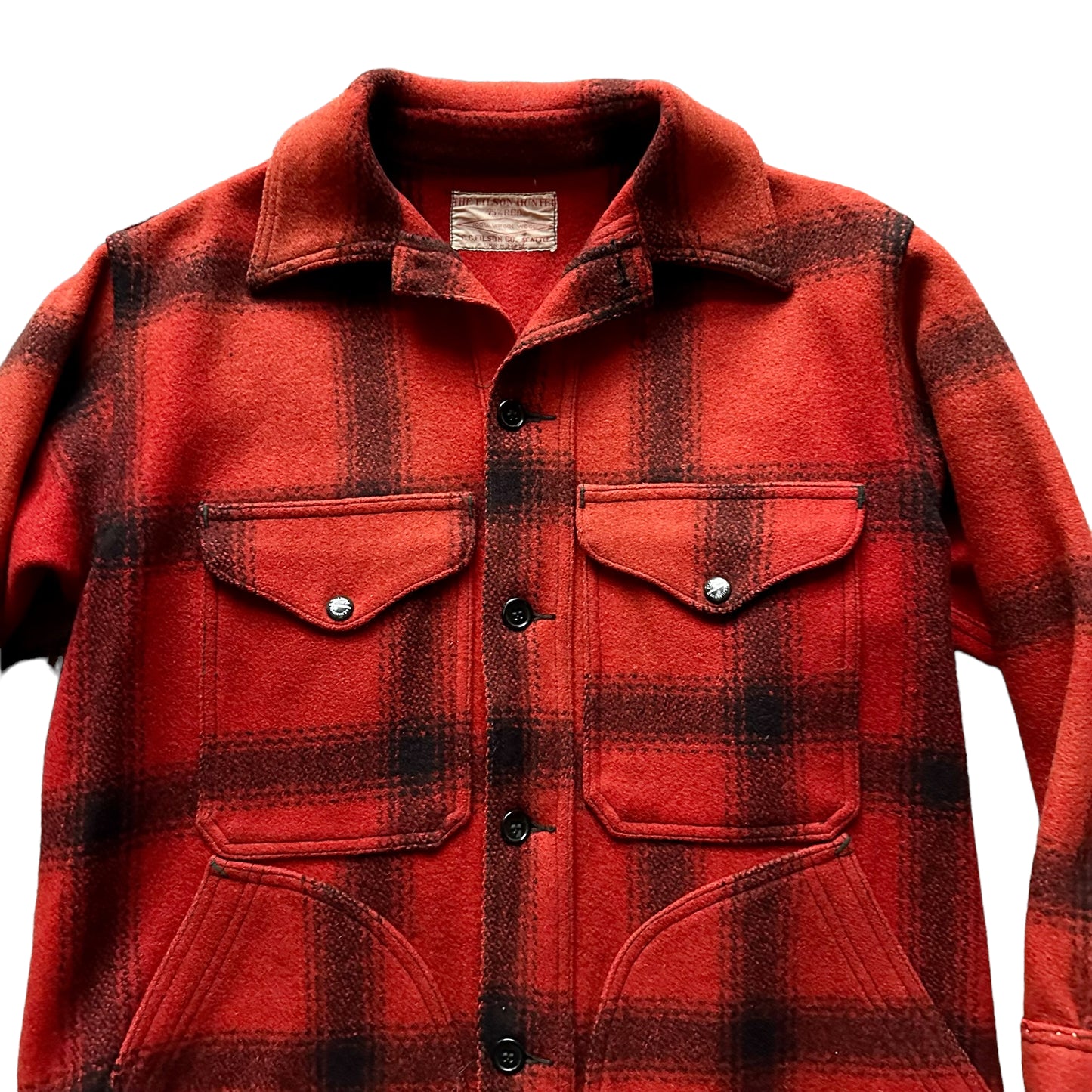 Upper Torso View on Vintage 75% Red Filson Hunter Wool Jacket SZ 42 |  Vintage Workwear Seattle