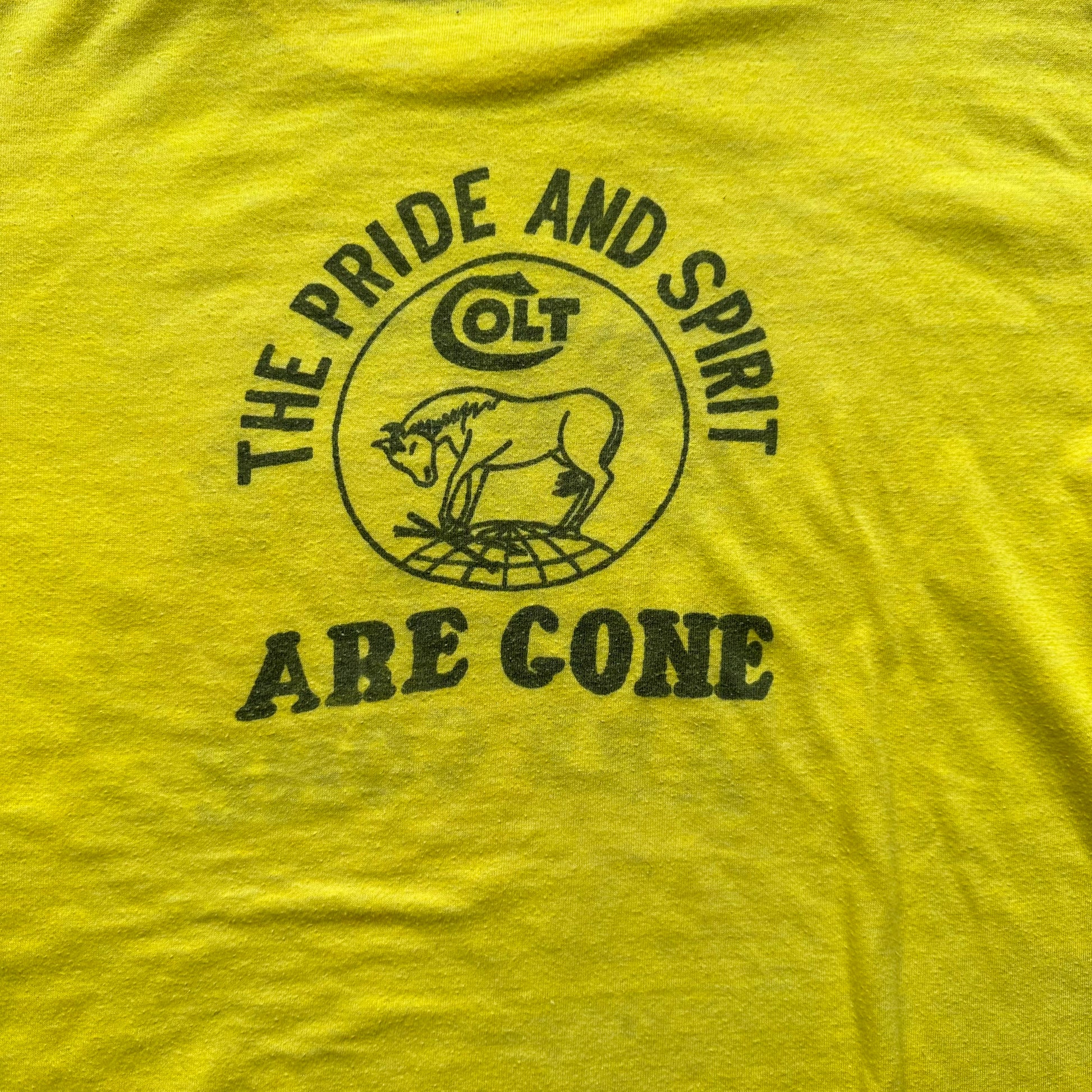 Rear Graphic Detail on Vintage Colt "The Pride and Spirit Are Gone" Tee SZ L | Vintage T-Shirts Seattle | Barn Owl Vintage Tees Seattle