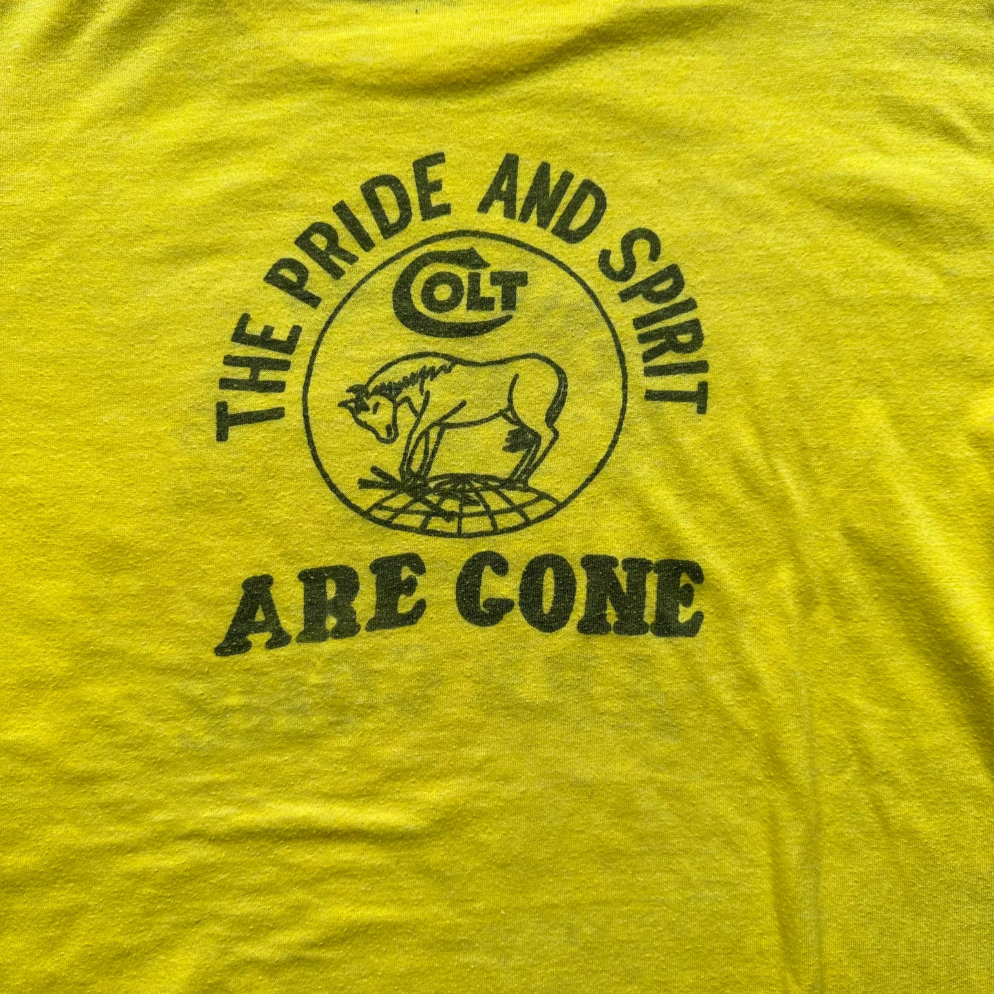 Rear Graphic Detail on Vintage Colt "The Pride and Spirit Are Gone" Tee SZ L | Vintage T-Shirts Seattle | Barn Owl Vintage Tees Seattle