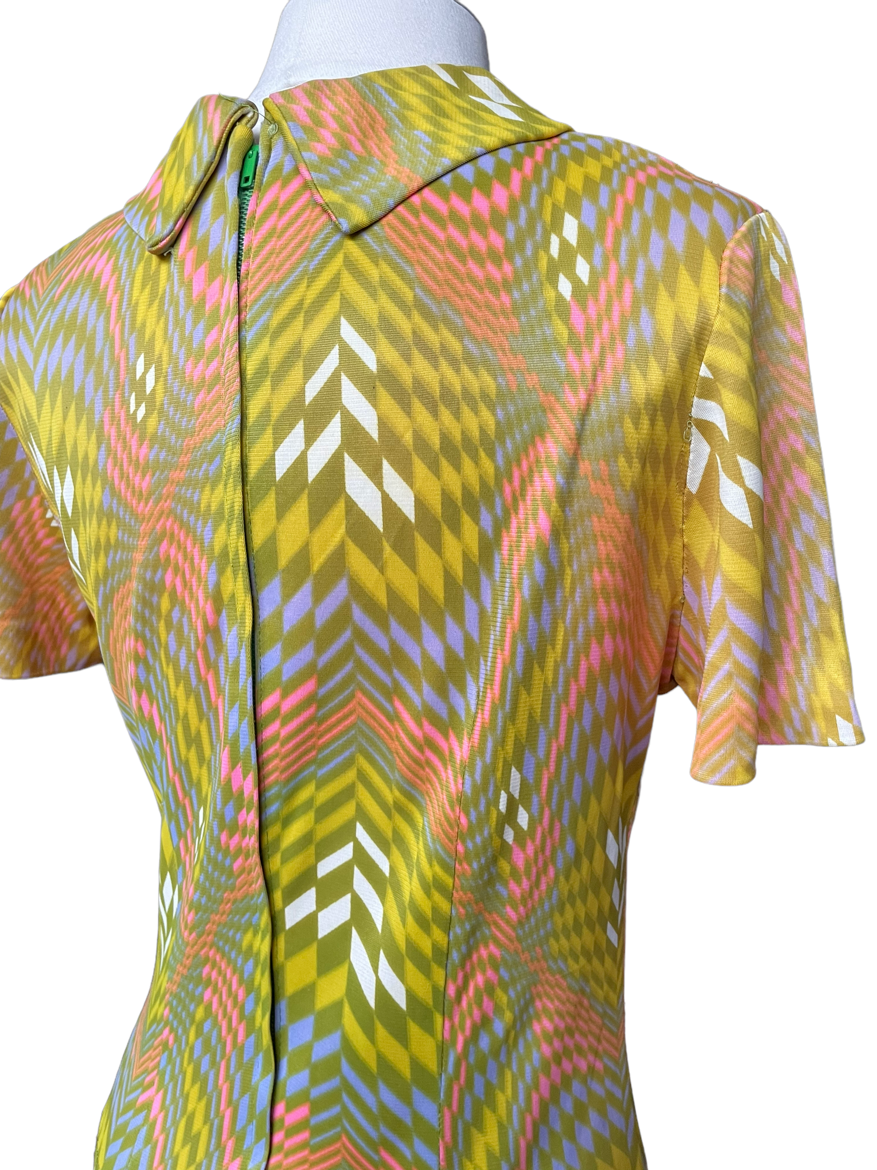 Back right shoulder view of Vintage 1960s Geometric Pattern Dress SZ M | Seattle Vintage Dresses | Barn Owl Vintage