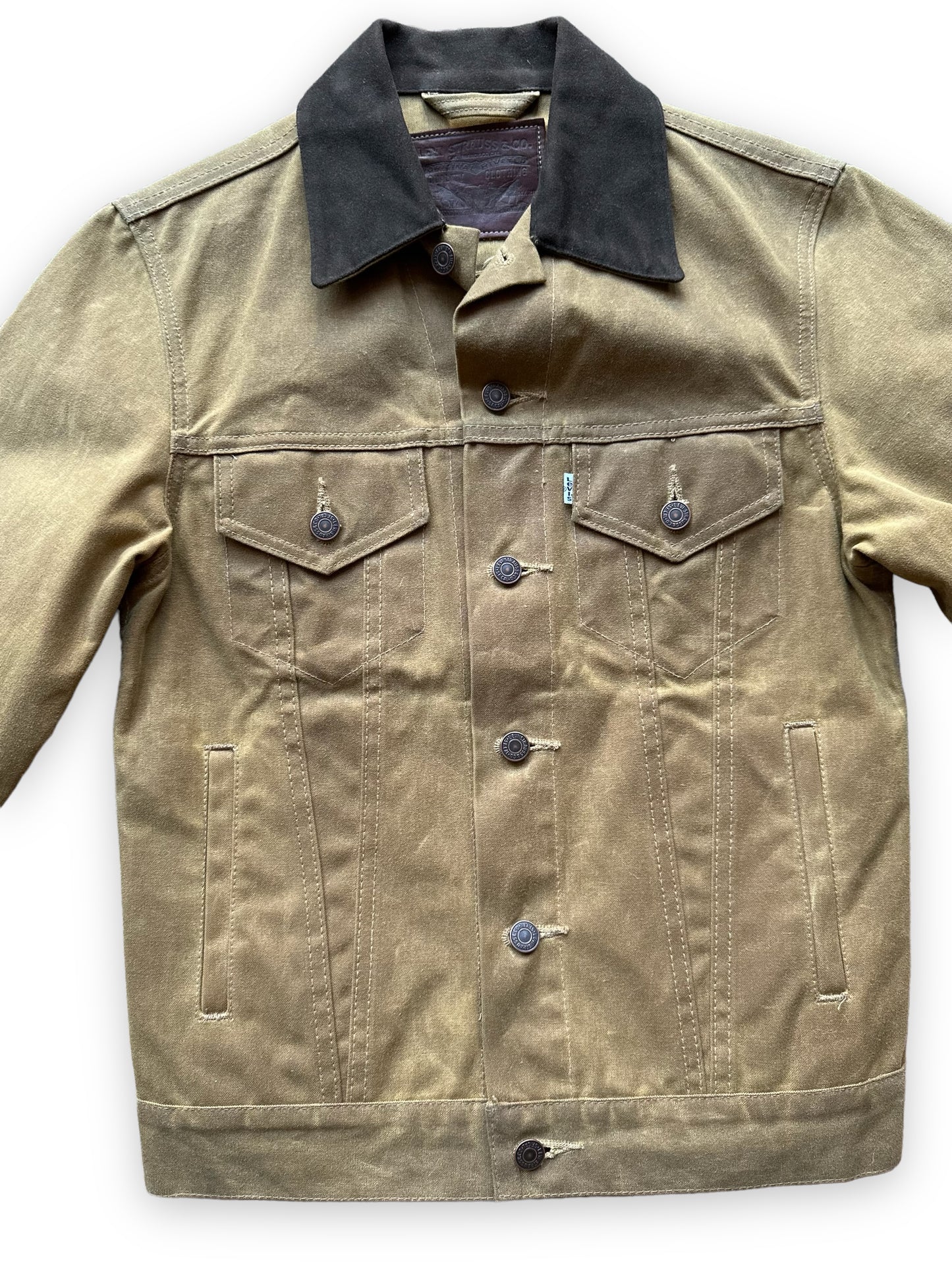 Front Chest Detail on Levis X Filson Type III Trucker Tan Jacket SZ Small|  Filson Levis Trucker Jacket | Vintage Workwear Seattle
