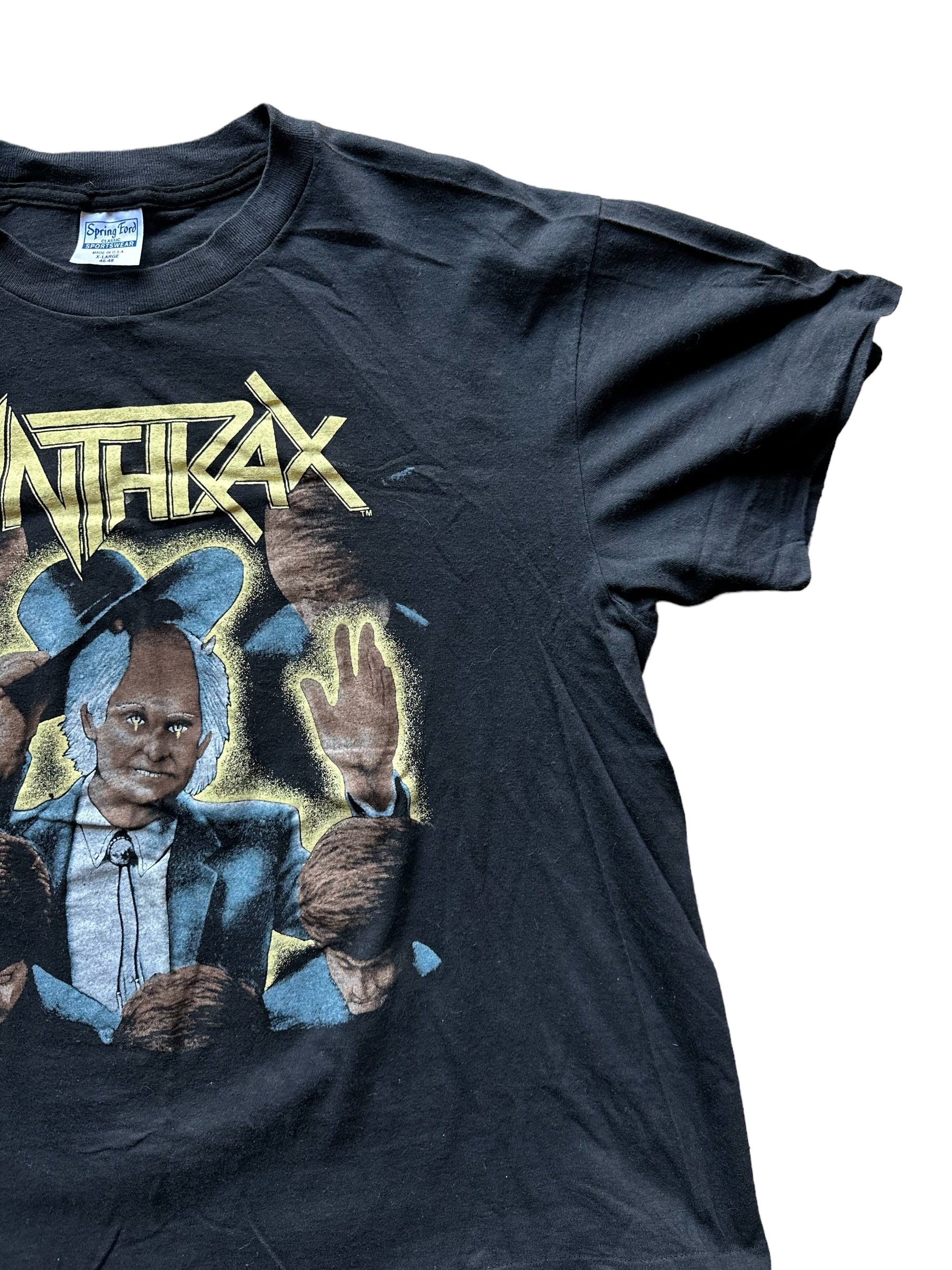 Left Single Stitch Sleeve View on Vintage Anthrax Among the Living Tour Shirt Size XL |  Barn Owl Vintage | Vintage Rock Tee