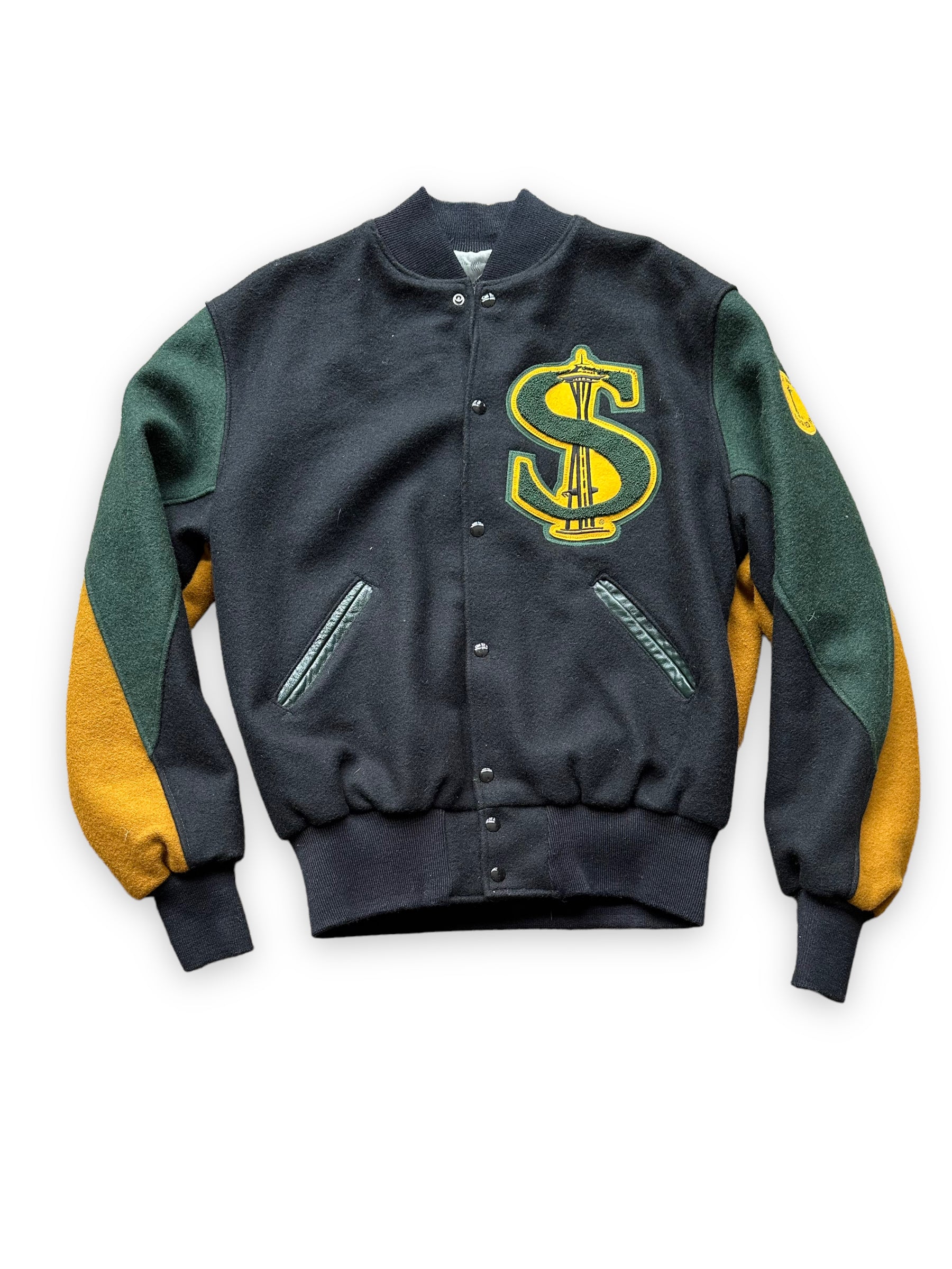 Front View of Seattle Supersonics Green Black and Yellow Prototype Jacket SZ L | Vintage Seattle Supersonics  | Seattle Vintage Basketball