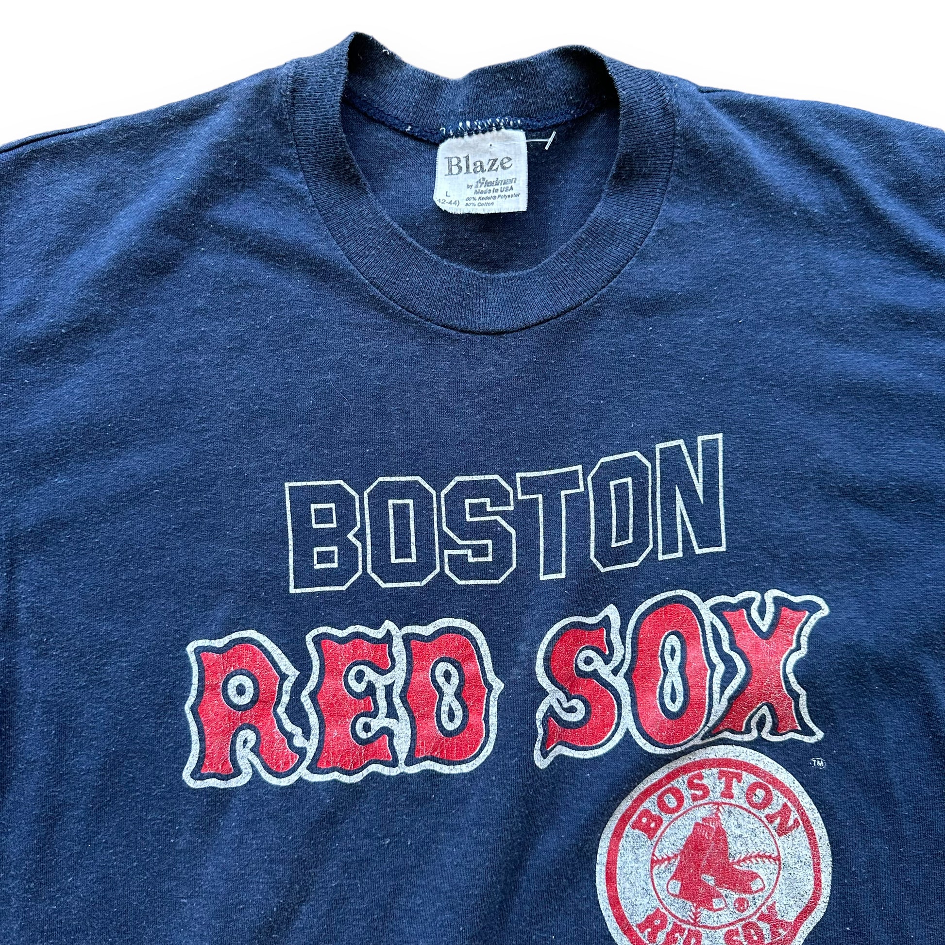 Upper Front and Tag View on 80's Boston Red Sox Tee SZ L | Vintage MLB T-Shirts Seattle | Barn Owl Vintage Tees Seattle