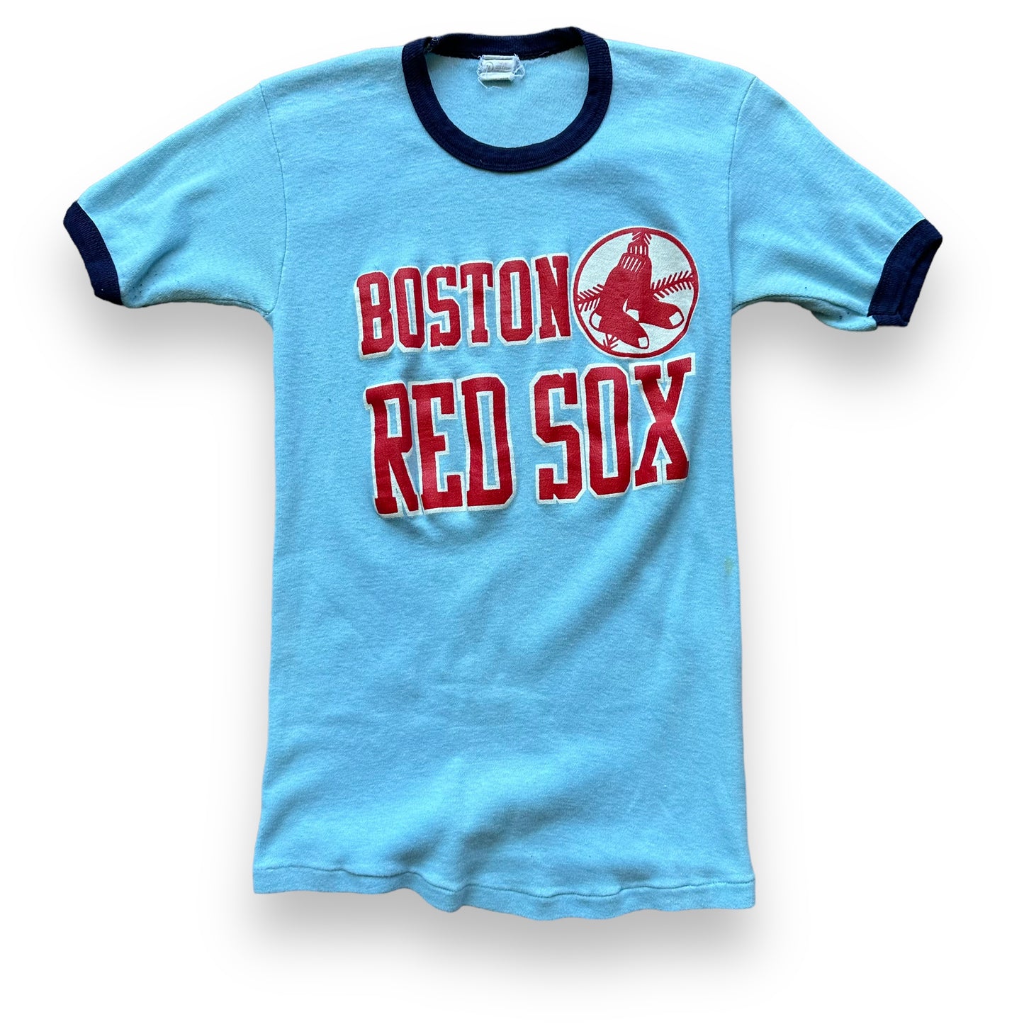 Front View of Vintage Powder Blue Red Sox Ringer Tee SZ M | Vintage Red Sox T-Shirts Seattle | Barn Owl Vintage Tees Seattle