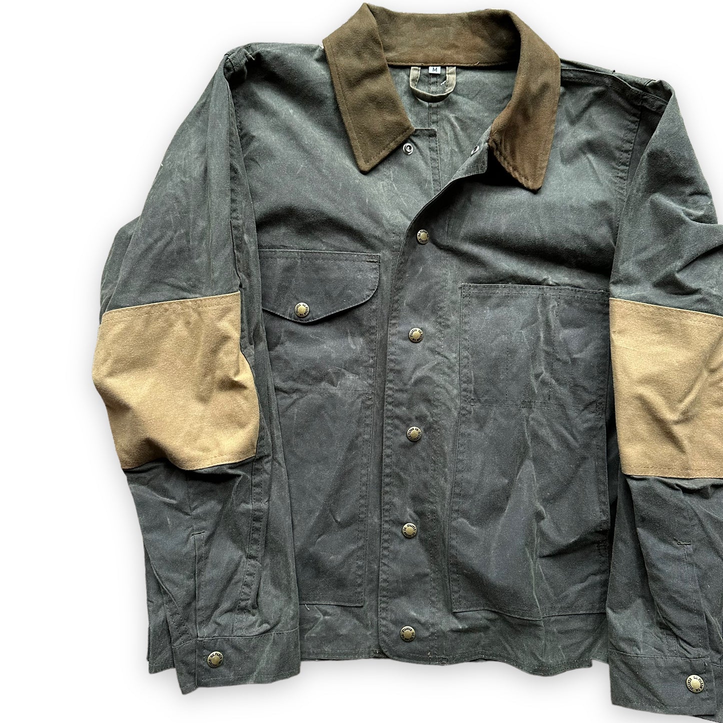 Front Right View on Vintage Otter Green Filson Shooting Jacket Style 420 SZ M |  Filson Tin Cloth Jackets Seattle | Barn Owl Vintage