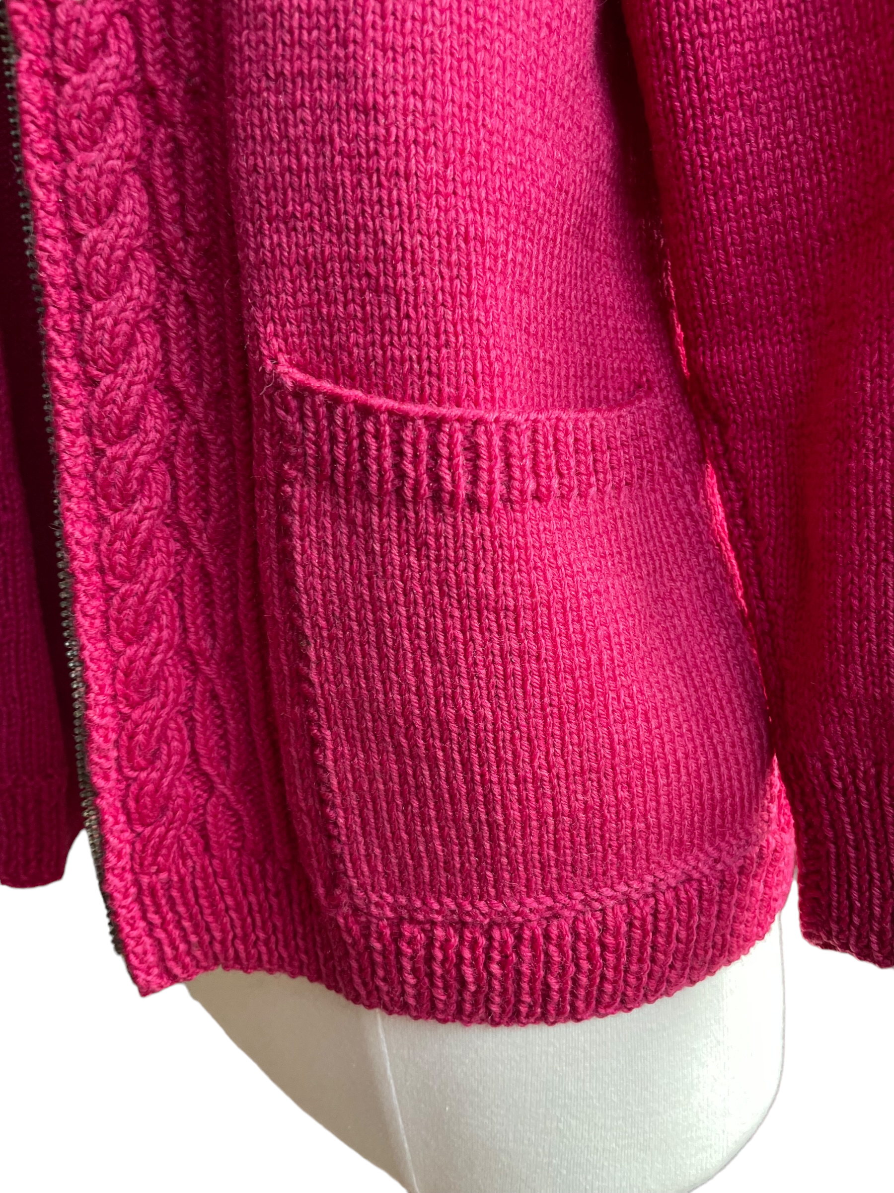 Left side pocket view Vintage 1940's Wool Hand Knit Magenta Zip Up Cardigan Sweater | Barn Owl Vintage | Seattle True Vintage