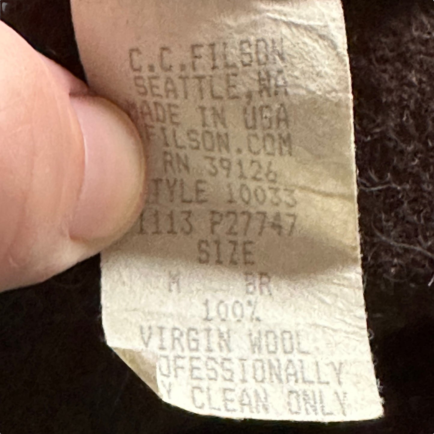 Production Tag View on Filson Brown Mackinaw Wool Liner SZ M |  Vintage Filson Workwear Seattle | Barn Owl Vintage