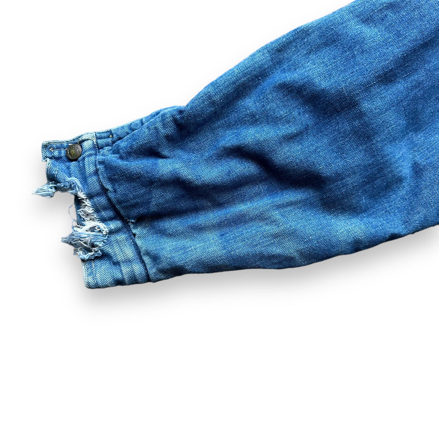 Damage to Right Cuff on Vintage Buckaroo By Big Smith Type II Sherpa Denim Jacket SZ L | Vintage Denim Workwear Seattle | Seattle Vintage Denim