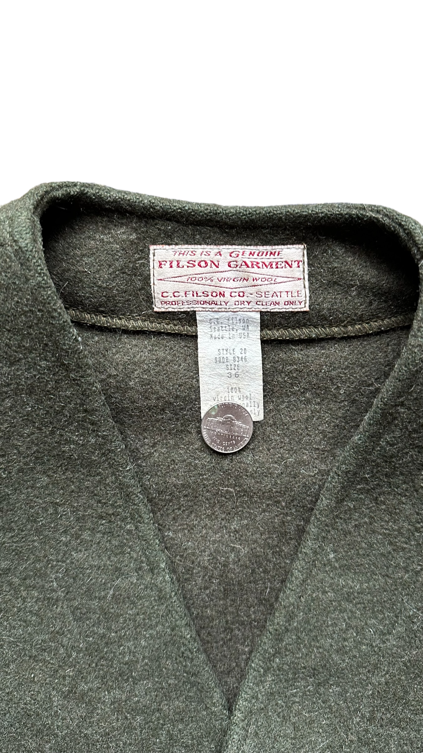 Tag View of Vintage Filson Mackinaw Vest SZ 36 |  Forest Green Wool Vest | Seattle Vintage Workwear