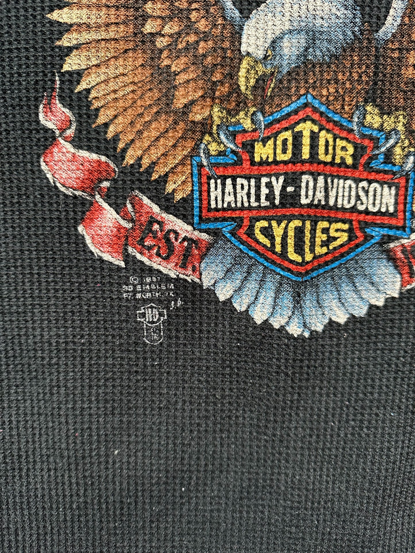 Lower Graphic Detail on Vintage Harley Davidson 3D Emblem Thermal Long Sleeve SZ L | Vintage Harley Tee | Barn Owl Vintage Seattle